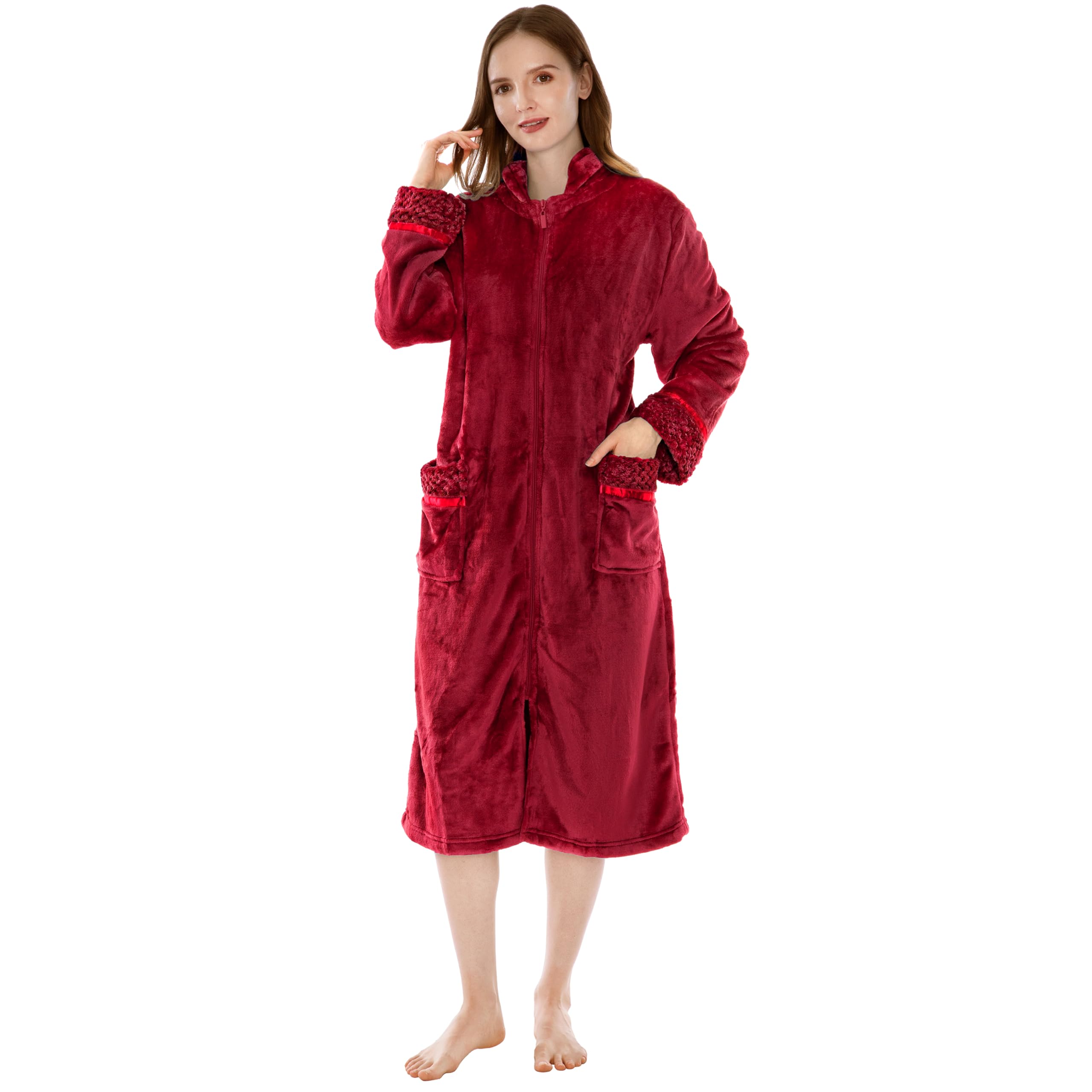 PAVILIA Womens Housecoat Zip Robe, Fleece Zip Up Front Robe Bathrobe, Plush Warm Zipper House Coat Lounger with Pockets, Long
