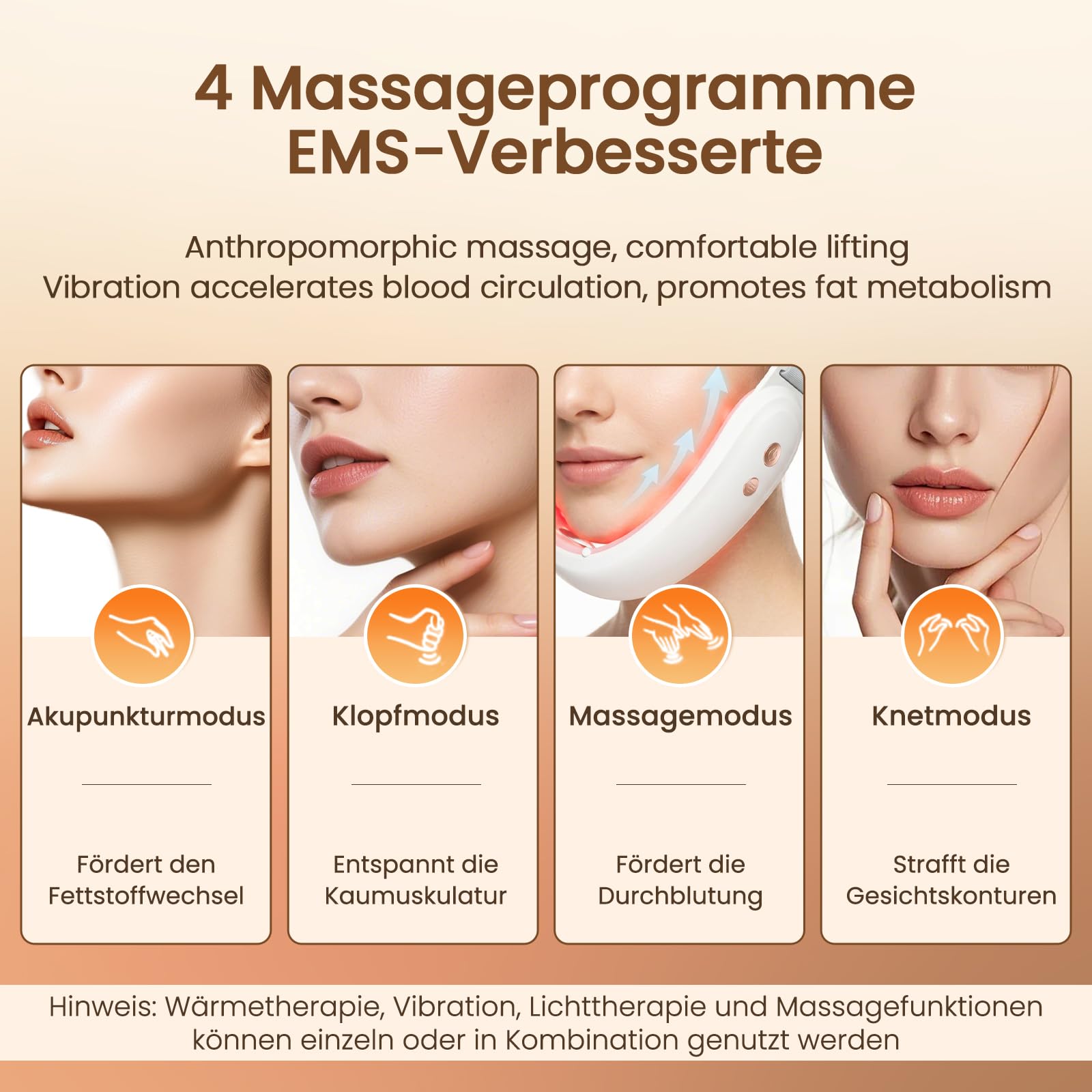 Doppelkinn Entferner, Elektrischer V-Form Gesichtsmassager mit 4 EMS-Modi & 9 Intensitätsstufen, 42°C Rot- und Blaulichttherapie, USB-C aufladbar, Face Lifting Gerät gegen Doppelkinn (Weiß)