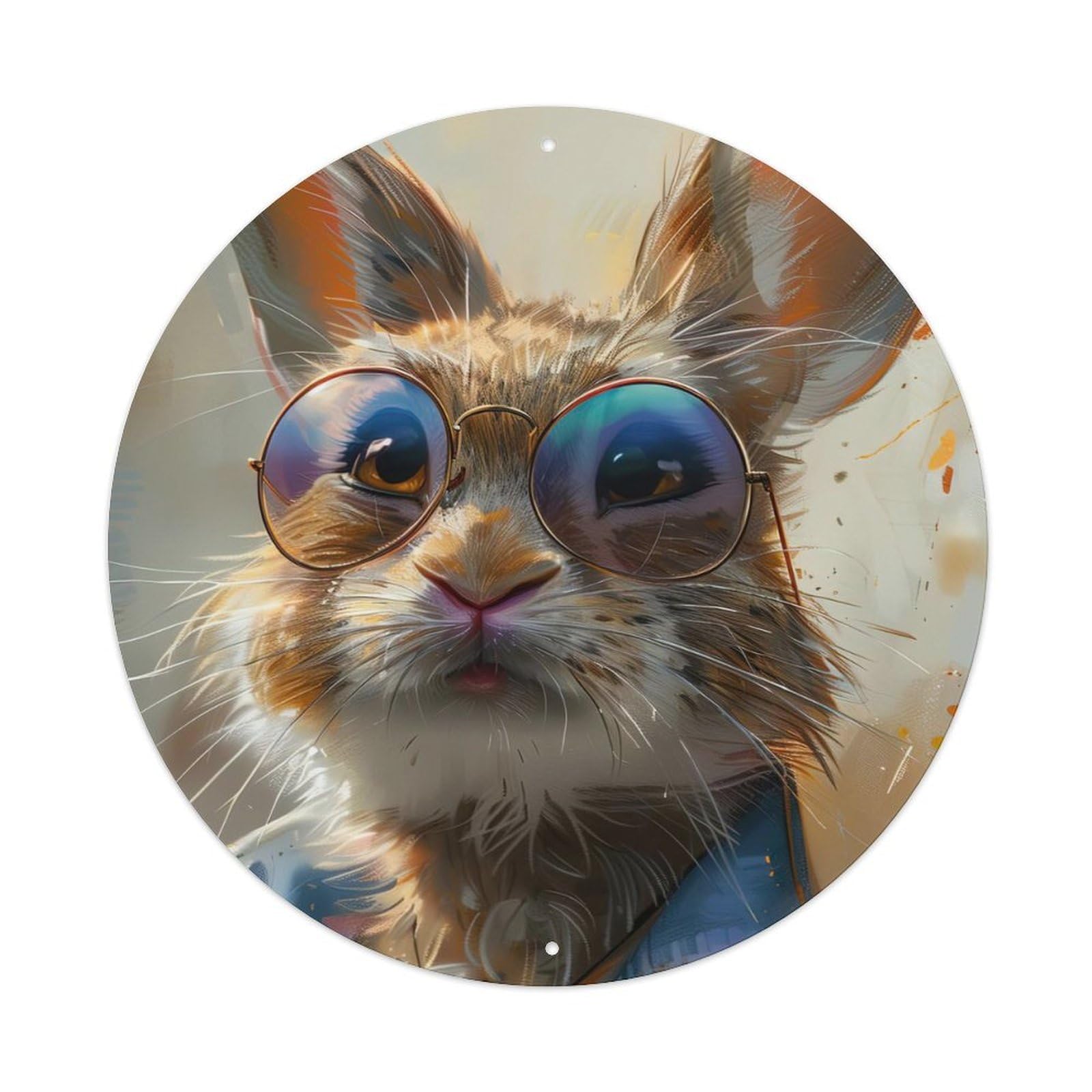 Animal Rabbit with Glasses Vintage Metal Tin Sign Plaque Wall Decor for Cafe, Club, Garden Round Metal Poster 8x8Inch