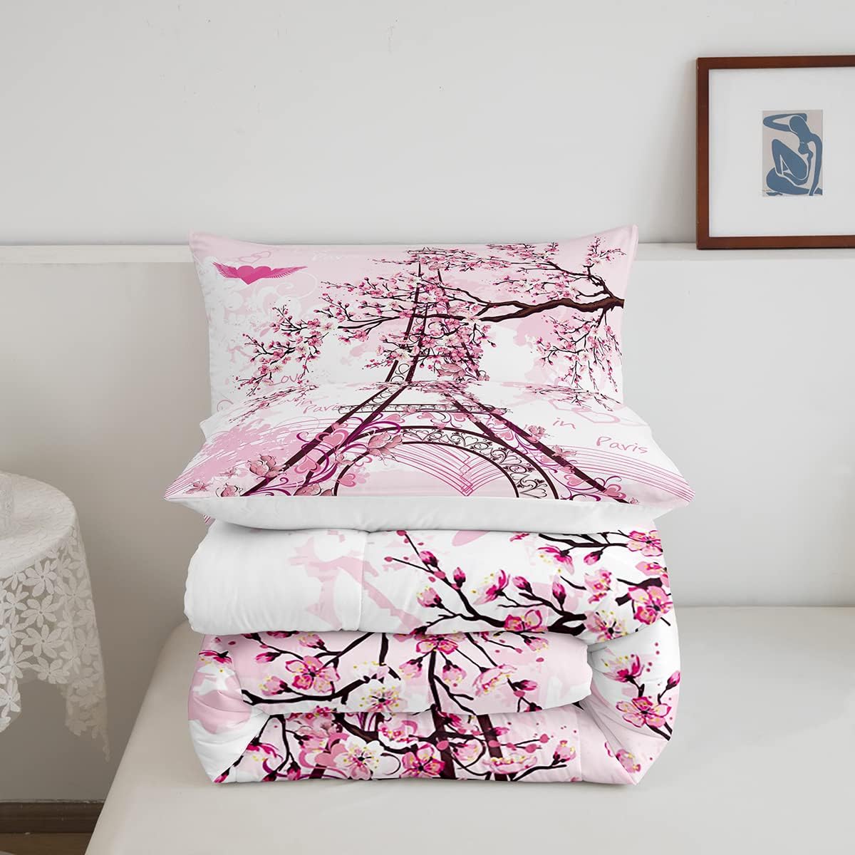 Feelyou Eiffel Tower Bedding Set Paris Decor Pink Comforter Set Full Romantic Cherry Blossom Branches Comforter for Boys Girls Teens Modern French Quilt Paris Themed Room 3Pcs Boys