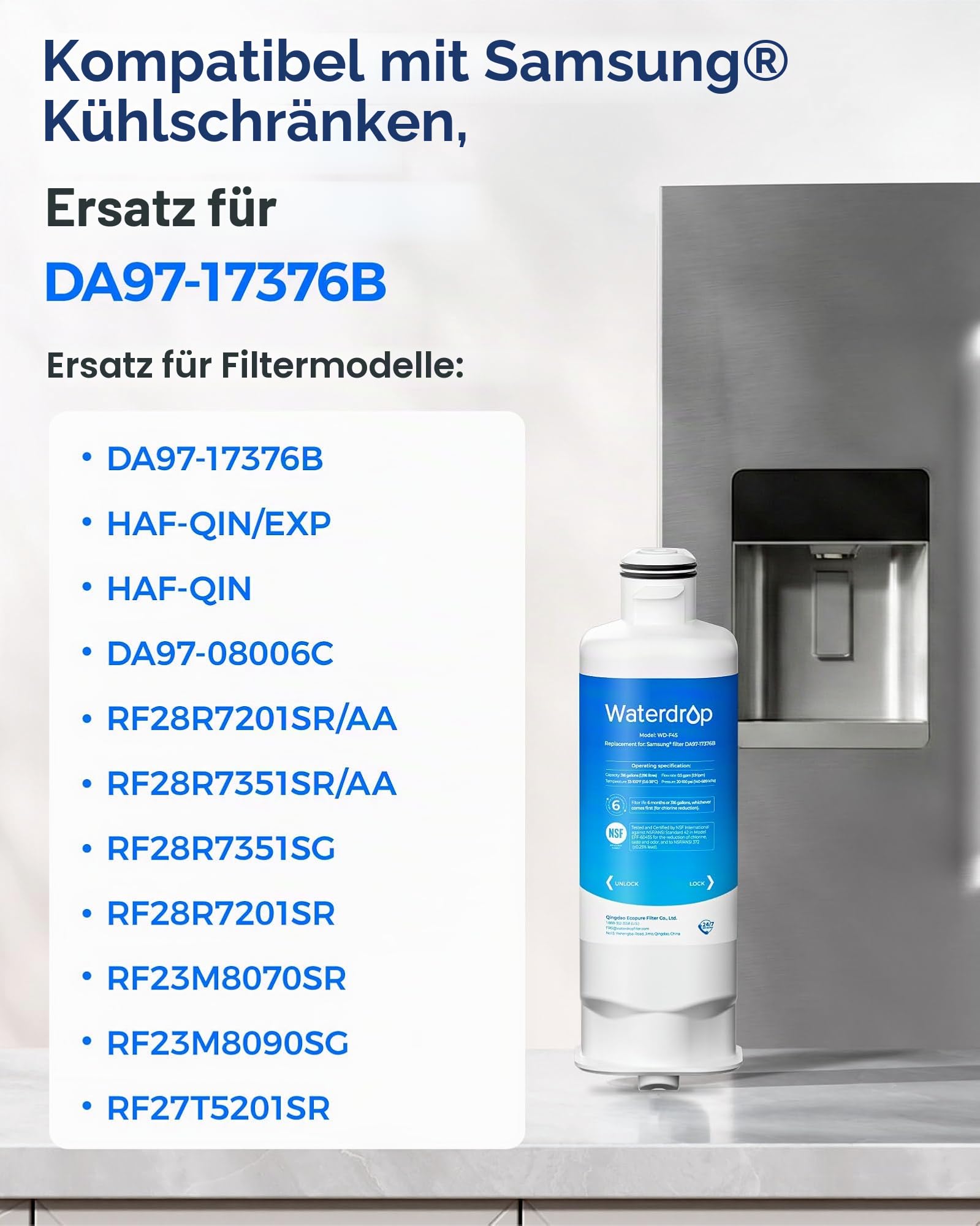 Waterdrop WD-F45 Ersatz für Samsung® DA97-17376B, HAF-Qin/EXP, HAF-Qin, DA97-08006C, RF23M8070SG, RF23M8070SR, RF23M8090SG Kühlschrank-Wasserfilter, NSF zertifiziert, Reduzieren PFAS, PFOA/PFOS (3)