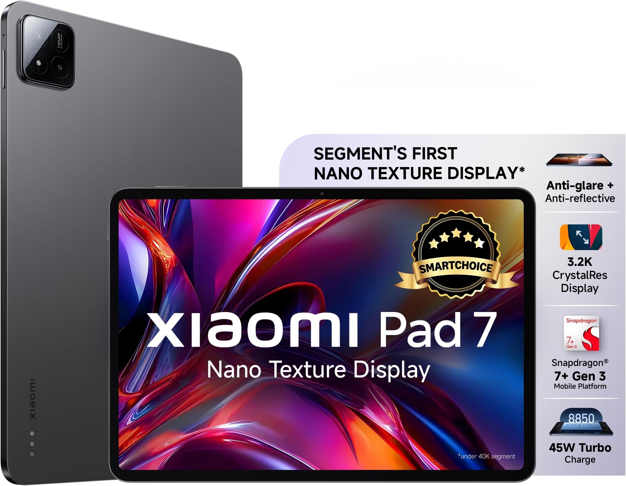 Pad 7 Nano Texture Display [Smartchoice] | Snapdragon 7+ Gen 3| 3.2K Display (28.44 cm /11.2") Tablet| 12GB, 256GB| Anti-Reflective| Anti-Glare| HyperOS 2| Dolby Vision Atmos | Graphite Grey