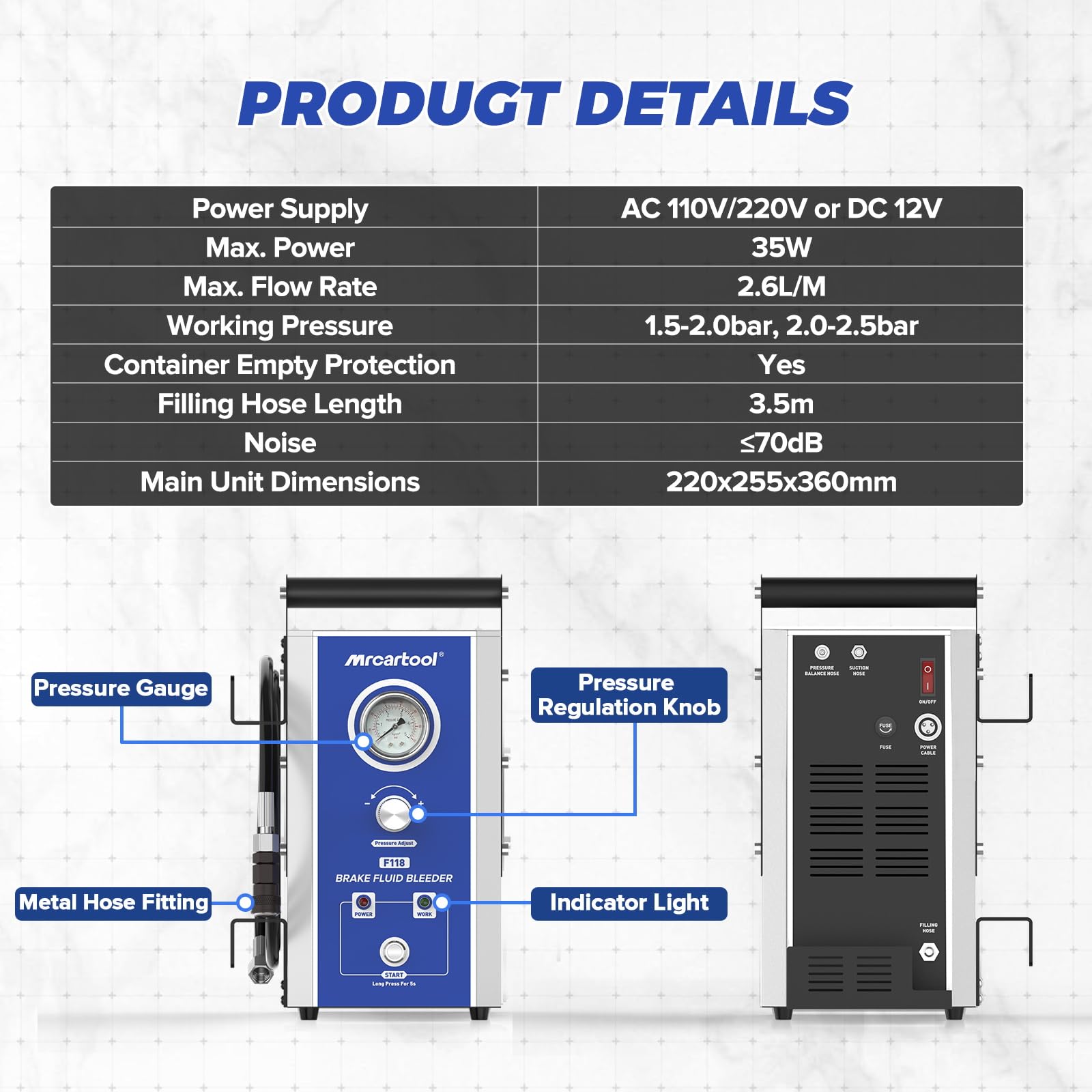 110V/220V Purgador Frenos Coche Eléctrico 0~3 Bar Sangrador Liquido Frenos Herramientas Automotrices Sangrado Sistema Frenos con 7 Adaptadores Compatible con Benz BMW