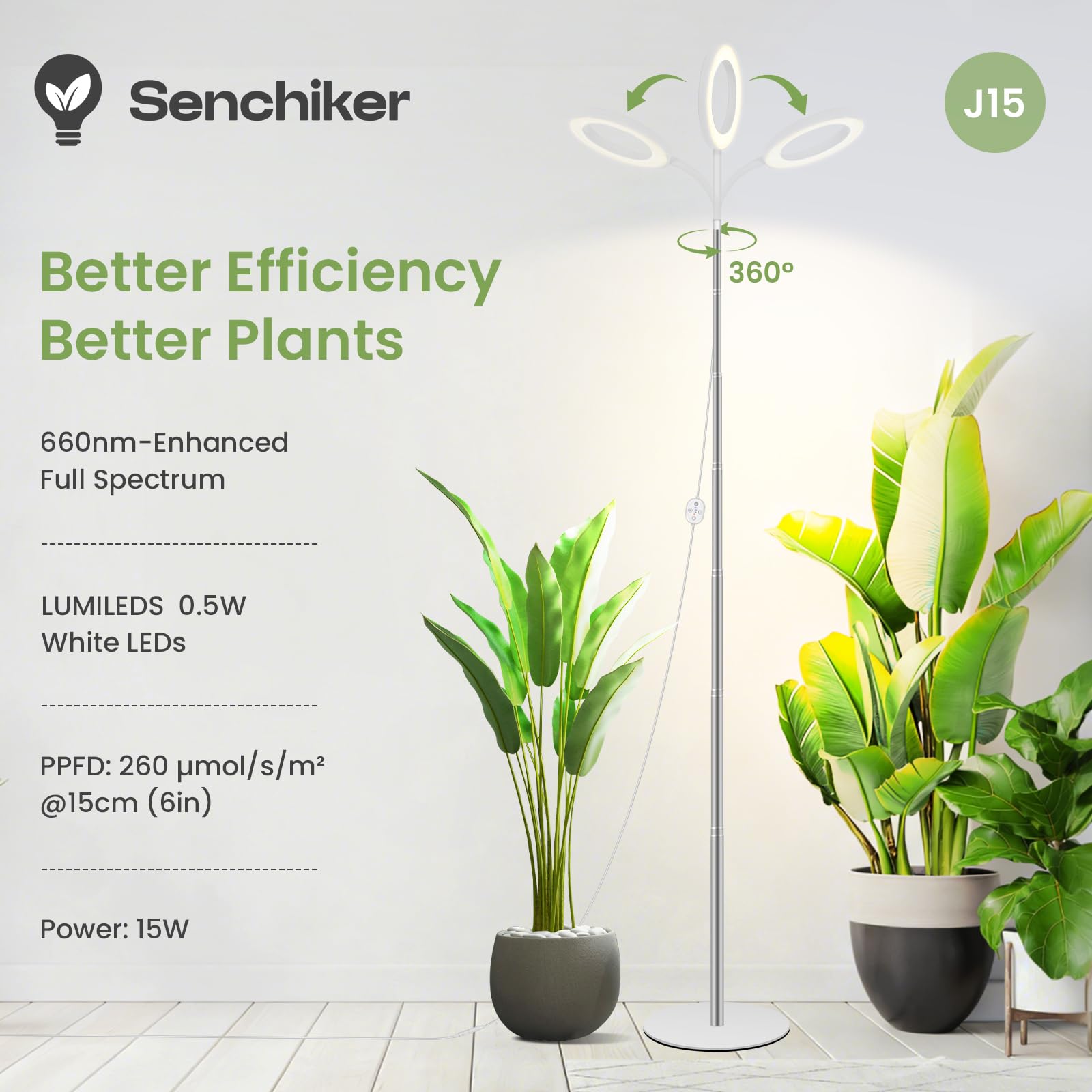 Luz de cultivo para plantas de interior 24V, LED LUMILEDS full spectrum 660nm, lámpara de 16 cm con temporizador y dimmer, altura ajustable 35–150 cm, base de 20 cm, 15W, 260 μmol/s/m²@15 cm