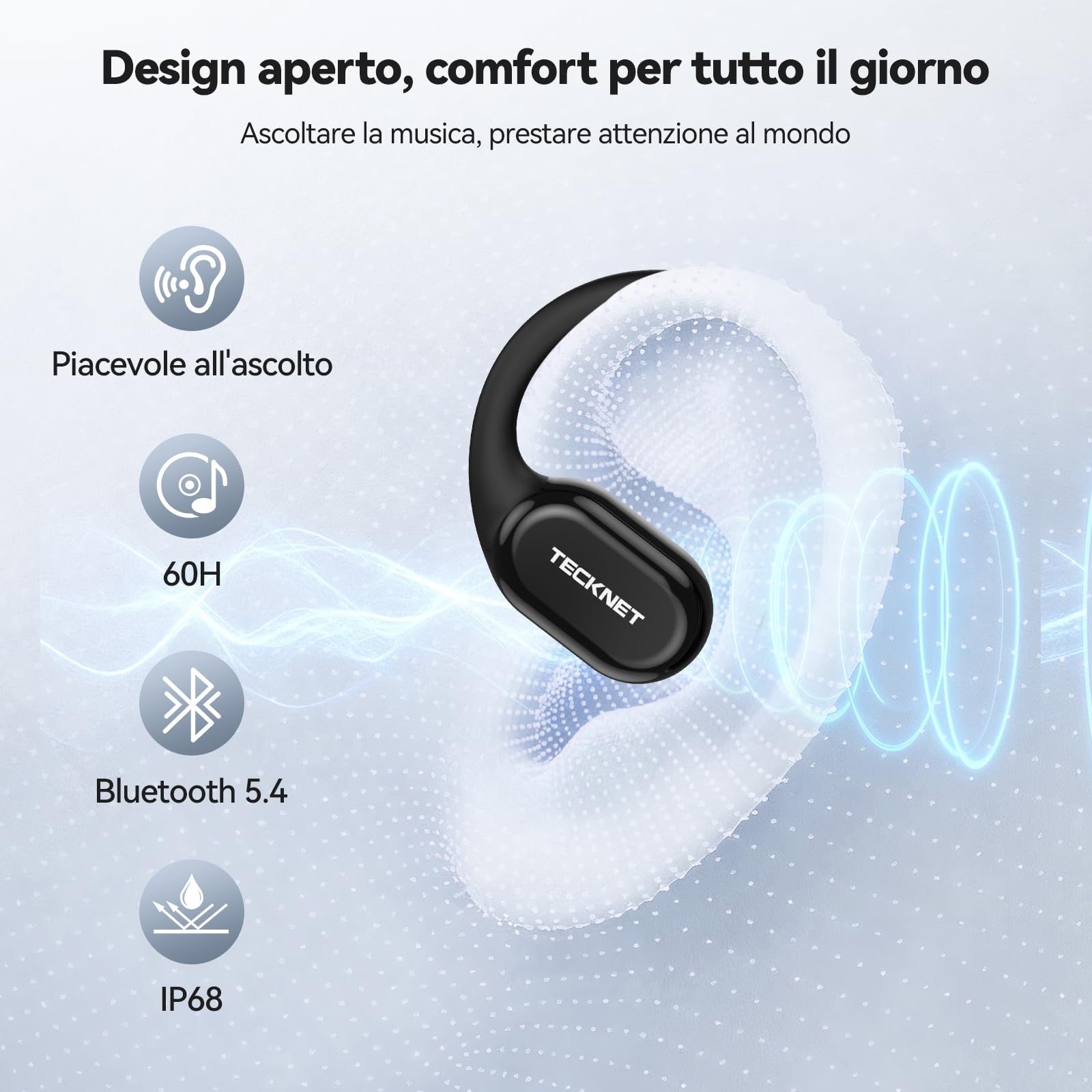 TECKNET Cuffie Open-Ear, Auricolari Bluetooth Wireless a Conduzione Ossea | Autonomia di 60 Ore con Ricarica Rapida, Impermeabilità IP68, Auricolari Bluetooth Sport Leggere.
