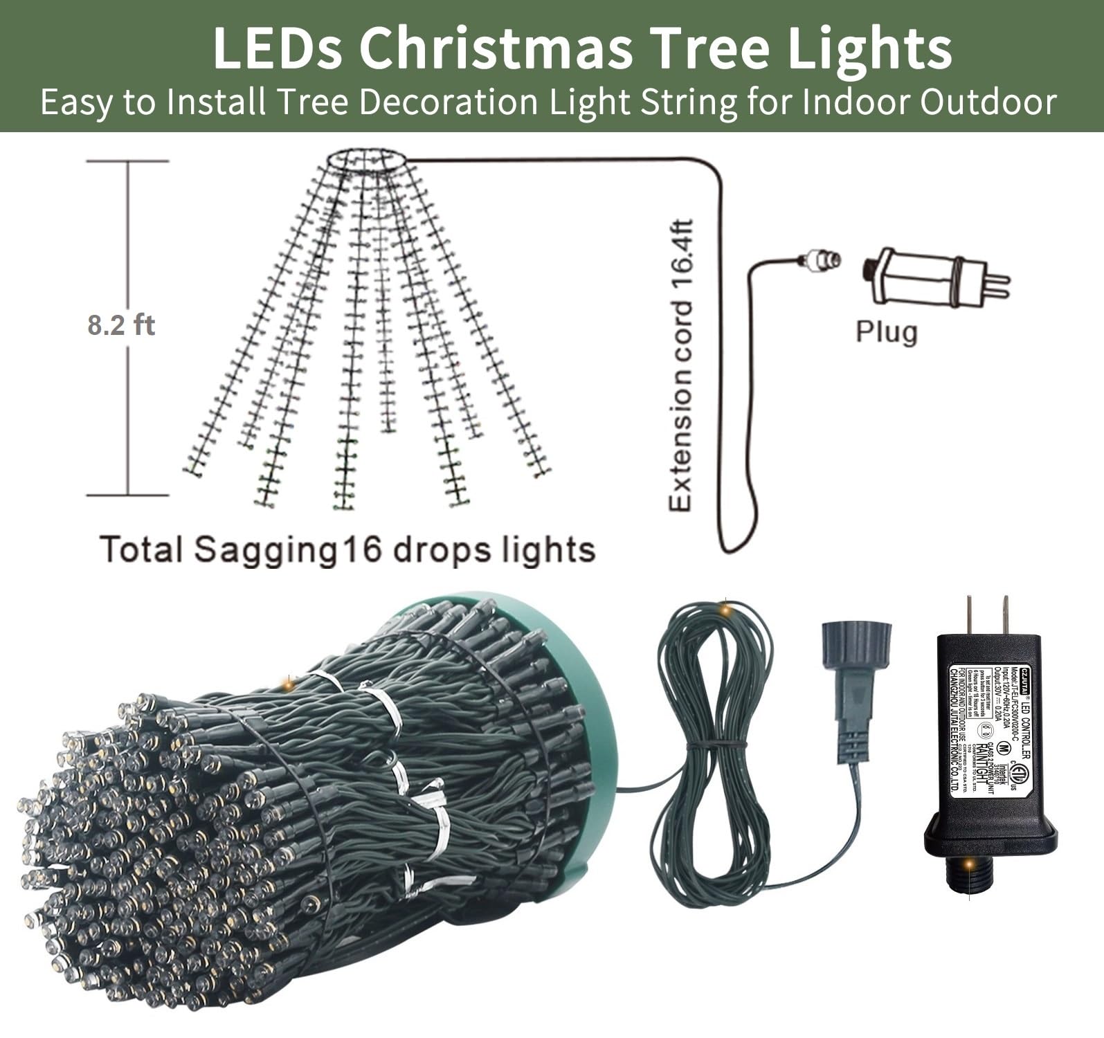 VIL - Mini dekoracyjne lampki choinkowe, 8,2 stopy, 16 linii, 448 zielonych diod LED, z przyłączem świateł gwiaździstych, 8 trybów oświetlenia, do użytku wewnątrz i na zewnątrz, drzewo