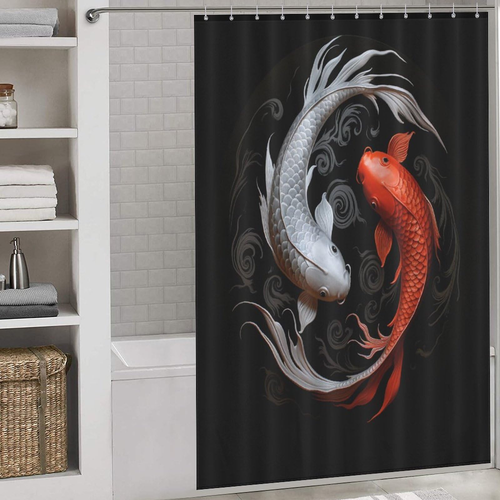 Rideau de douche poisson koï anti-moisissure tissu imperméable avec crochets