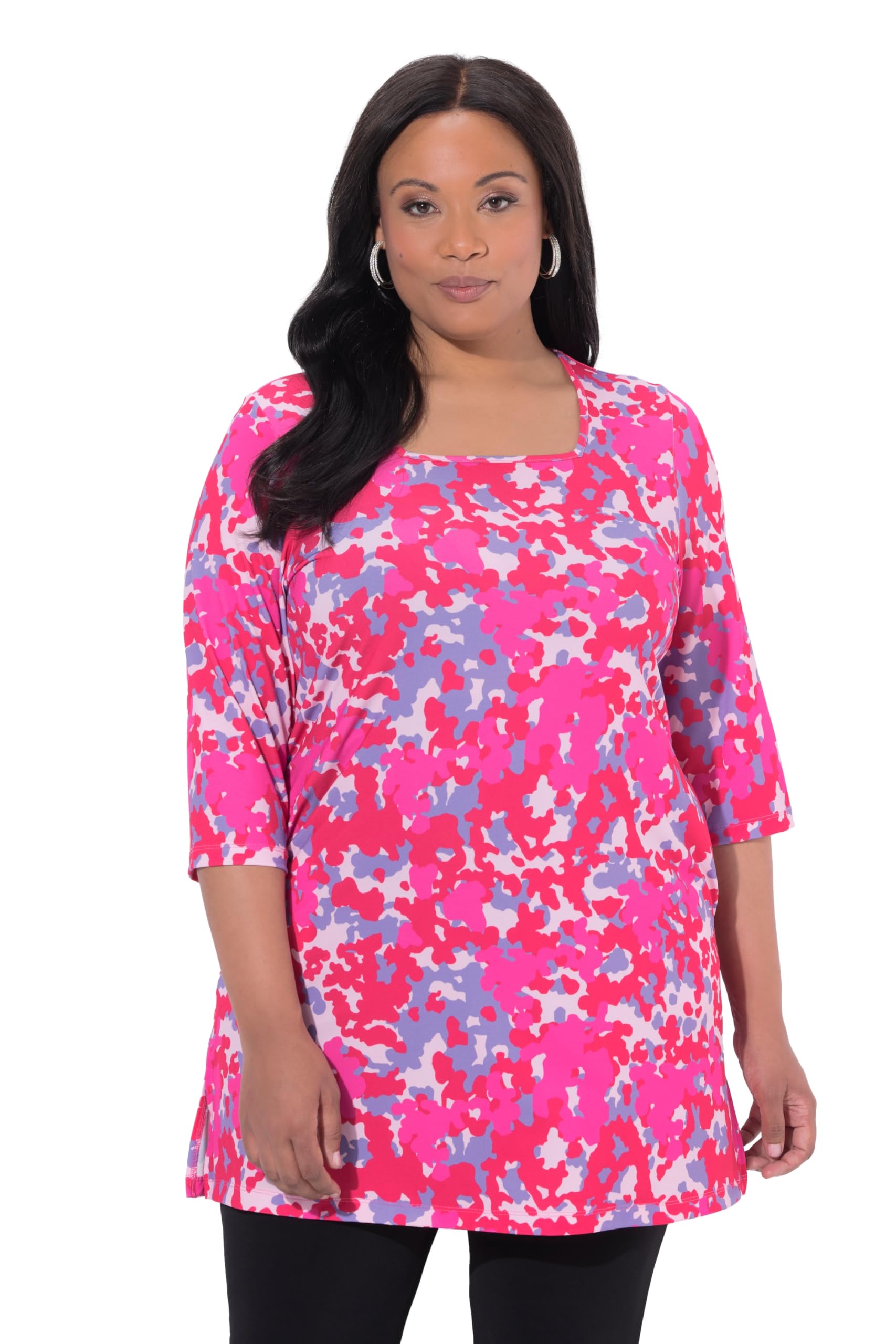 Ulla Popken Damen große Größen Übergrößen Plus Size Longshirt, grafischer Druck, Carré-Ausschnitt, 3/4-Arm 847102