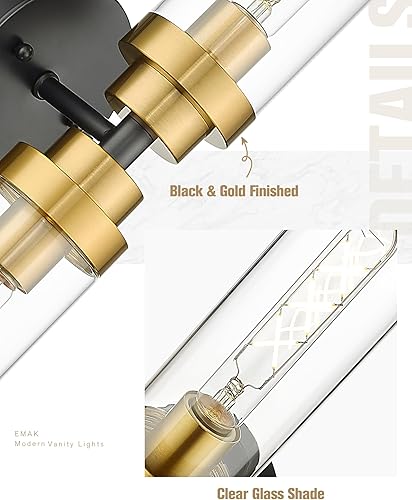 Miniatura 3 de Emak Luces de tocador negras y doradas para espejo, modernas lámparas de baño de 22 pulgadas con pantalla de vidrio transparente, aplique de pared