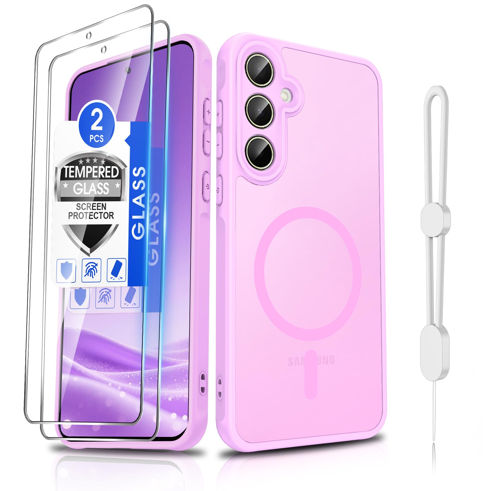 Dizn for Samsung Galaxy A35 5G Phone Case:Ultra‑Thin Matte Shockproof Protective Cover,for A35 6.6-inch,with[2 Pcs] Tempered Glass Screen Protector,[Fit Magsafe],with Strap,Soft Funda para A 35,Pink