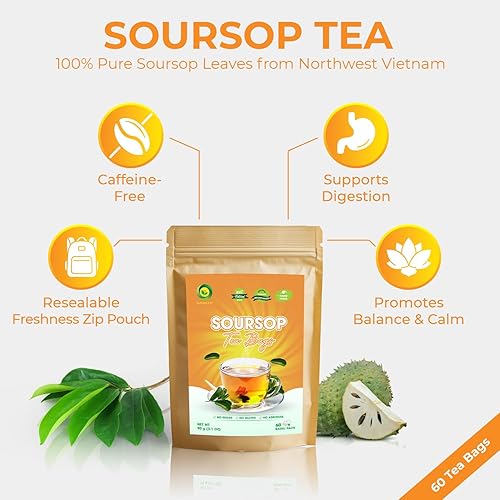 Miniatura 3 de SUNBELEAF Té de guanábana prémium  60 bolsas de té, infusión de hierbas de graviola de Vietnam, hojas de guanábana pura, sin cafeína, sabor suave,