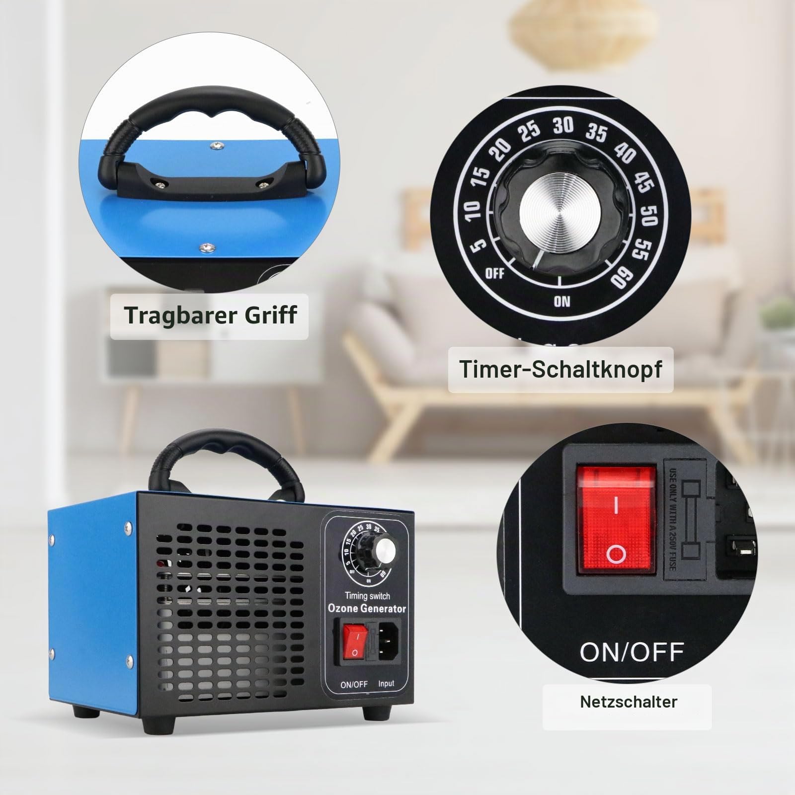 Anesty Ozongenerator 60000 mg/h Ozongerät mit Timer, 100W 60g/h Ozon Luftreiniger O3 Ozonisator zur Geruchsbeseitigung im Auto, Haushalt, Keller, Wohnung, Haustier- und Küchengerüche