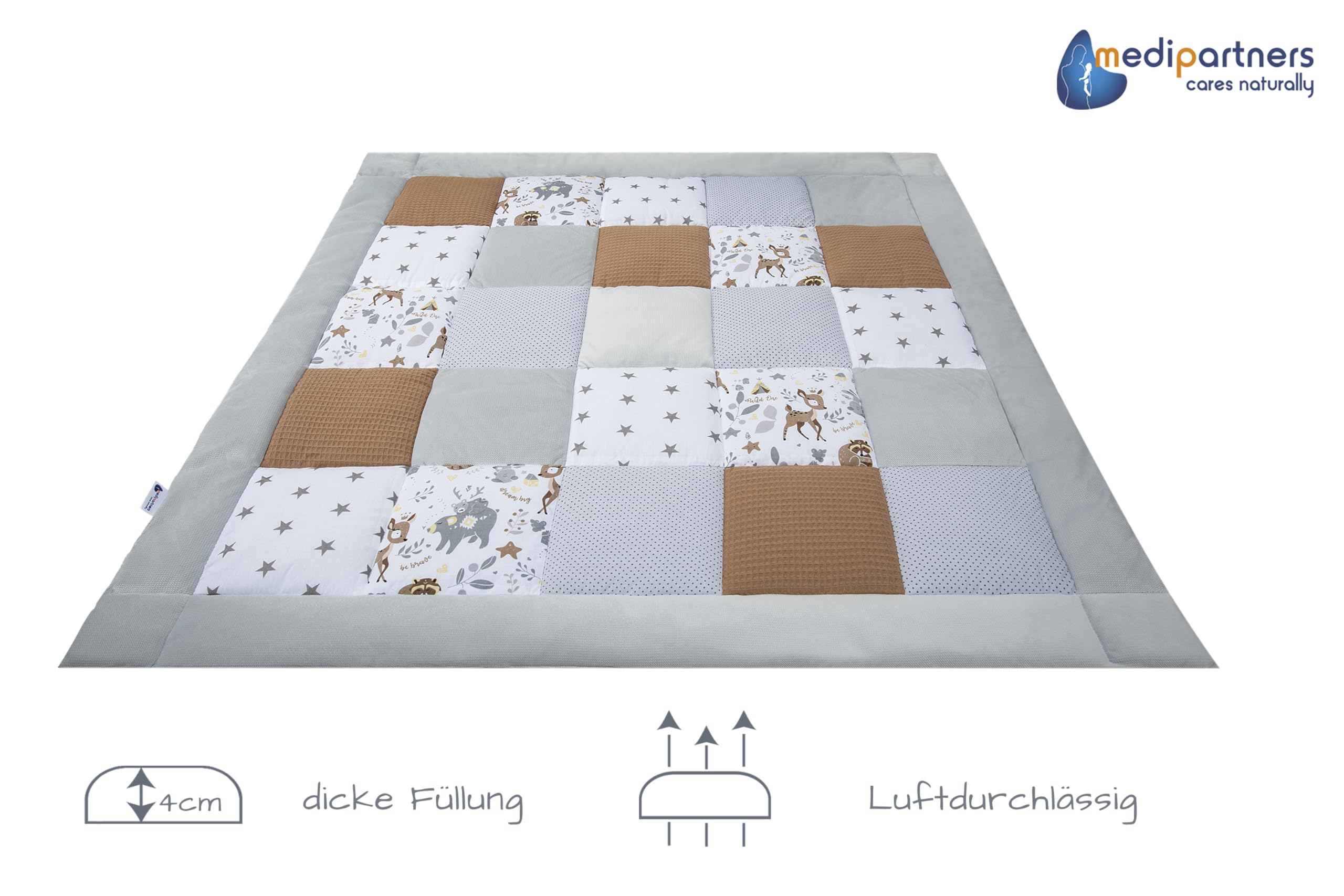 Medi Partners Krabbeldecke für Baby Spielmatte 100% Baumwolle Krabbelmatte - 120x120cm Krabbeldeck Dick Weich Decke Laufgittereinlage Babydecke Minky Waffel Spielbogen (REH)