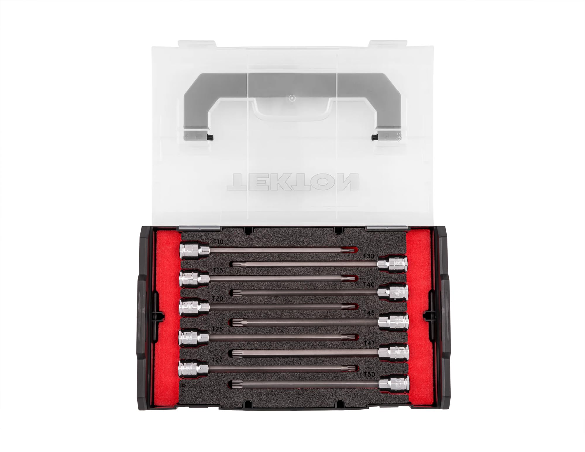TEKTON Zestaw nasadek bitowych Torx 3/8 cala z mini skrzynką narzędziową do układania w stos, 10-częściowy (T10 - T50) | SHB91704