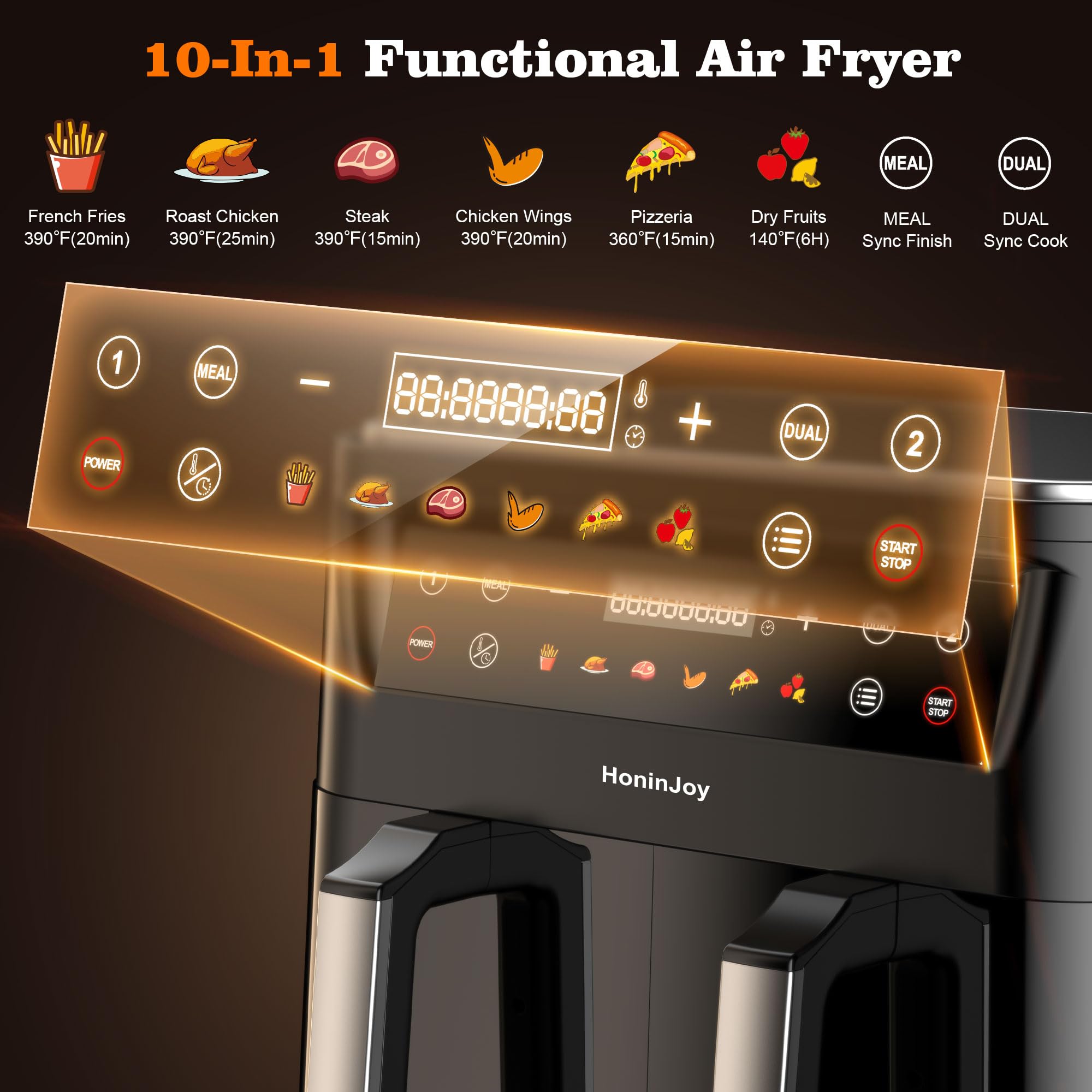 HoninJoy 10QT Large Dual Basket Air Fryer with Viewing Window and 50pcs Paper Liners, 10-in-1 Digital Touchscreen Double Zone Air Fryers, SyncCook to Bake,Roast,Reheat,Broil, Nonstick Dishwasher Safe