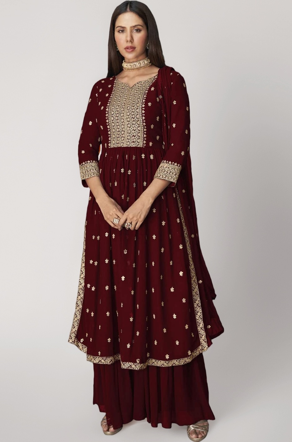Women's Ethnic Wear Nyra Cut Embroidery Kurti plazzo and Dupatta set