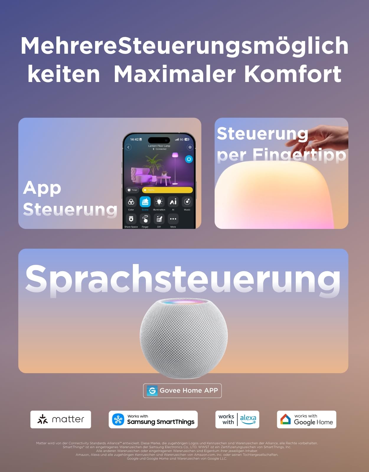 Govee LED Stehlampe RGBICWW 160cm Dimmbar 1000K-10000K 1400lm Matter Alexa Kompatibel Weiß Silikonkopf