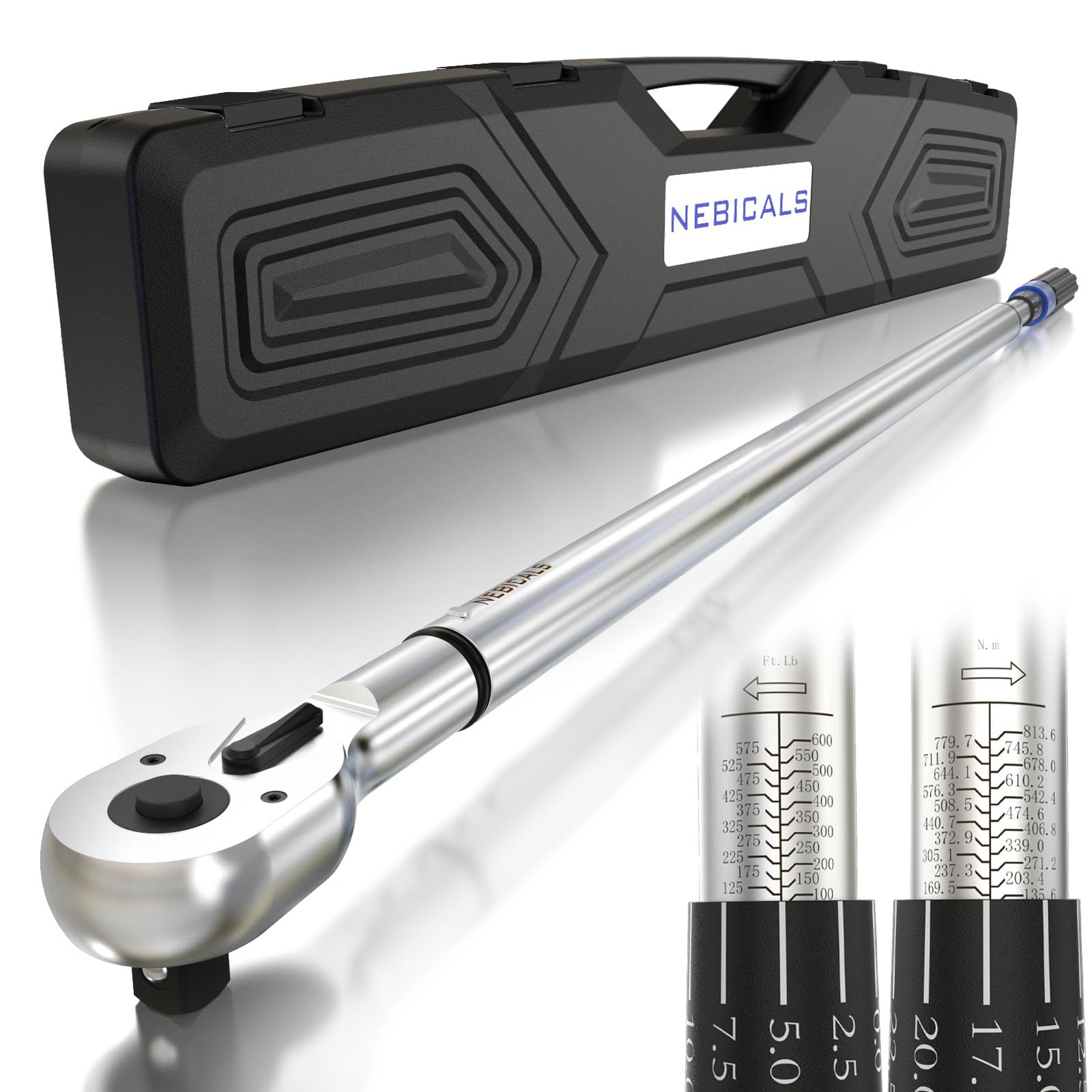 NEBICALS 3/4 Inch Drive Torque Wrench 100-600 Ft Lb /135-813 NM/High Hardness & Strength/Long Lifetime/Less Effort For Off-road Equipment/Truck/Motor Homes/Drilling Platform/Excavator