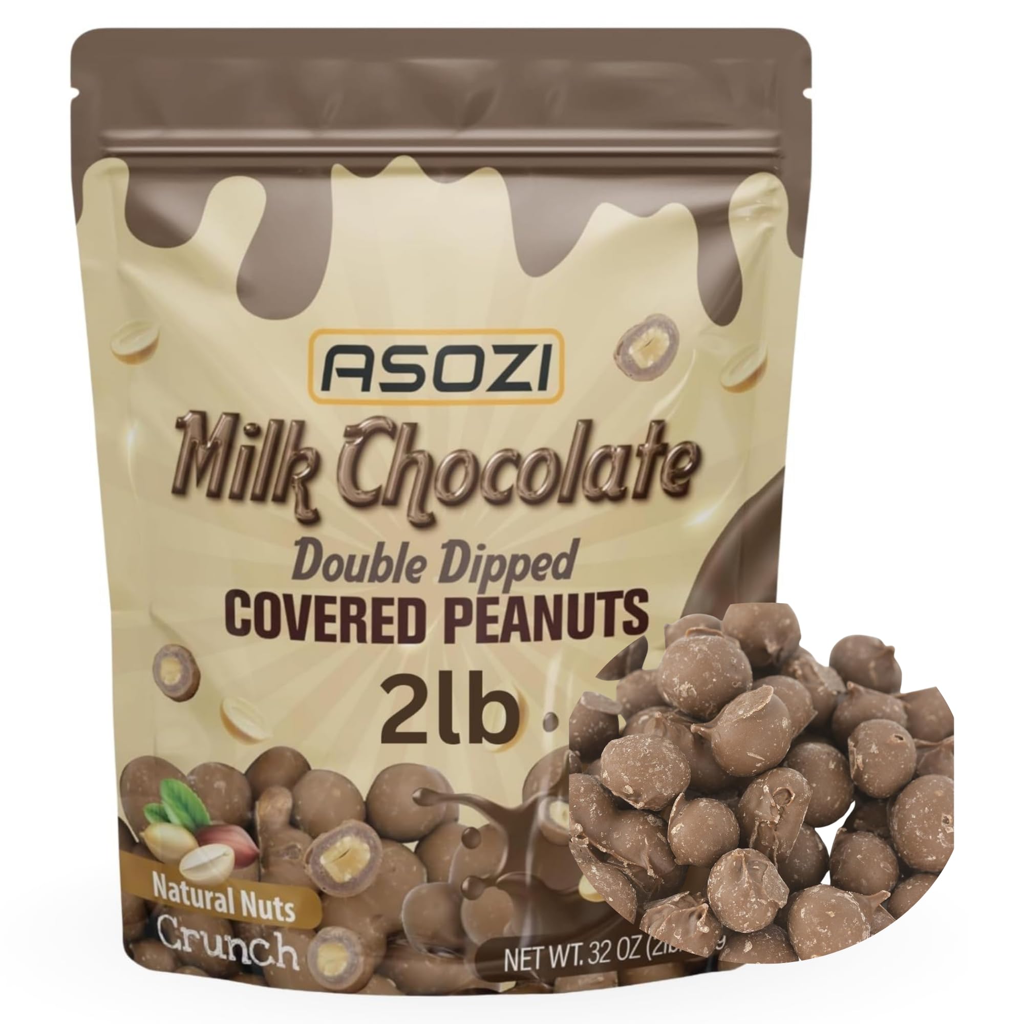 Double Dipped Milk Chocolate Covered Peanuts 2LB Resealable Bag – Extra Thick Chocolate Coating, Crunchy Premium Peanuts, Bulk Candy Snack for Parties, Baking & Gifting ASOZI