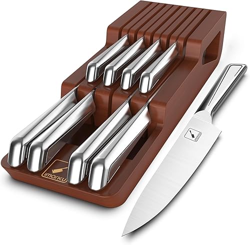 imarku Juego de 10 cuchillos japoneses de acero inoxidable, juego de cuchillos de cocina con organizador de cajones de madera, juego de cuchillos de