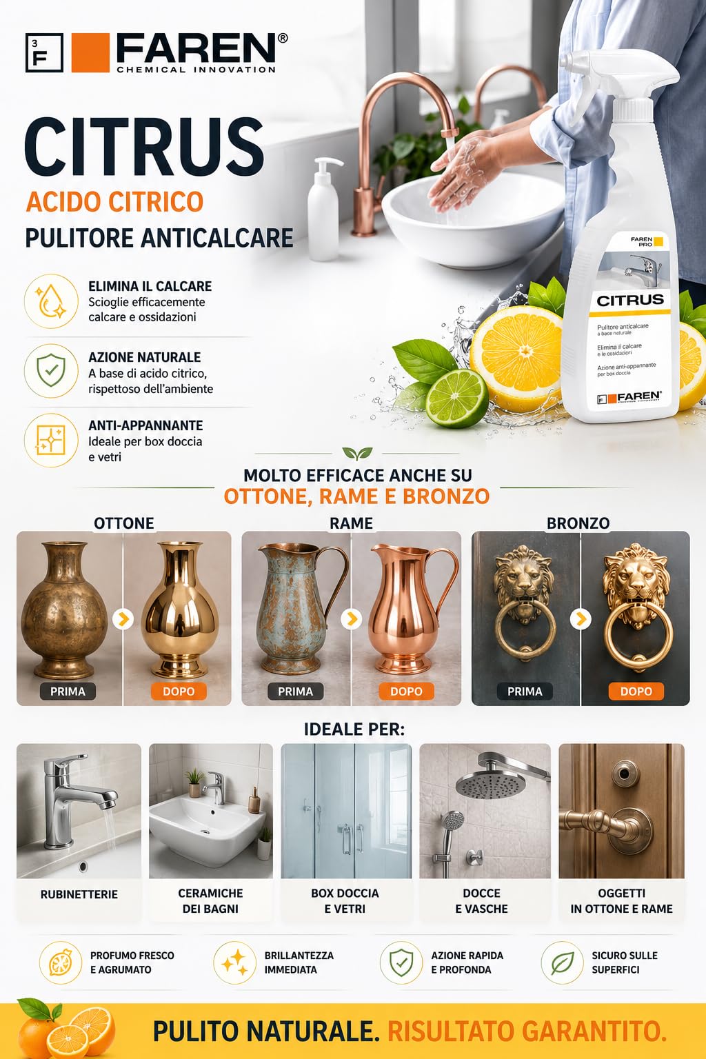 Promo 2 flacons 0,750 ml faren Citrus Désincrustant Détartrant antibuée douche robinetterie