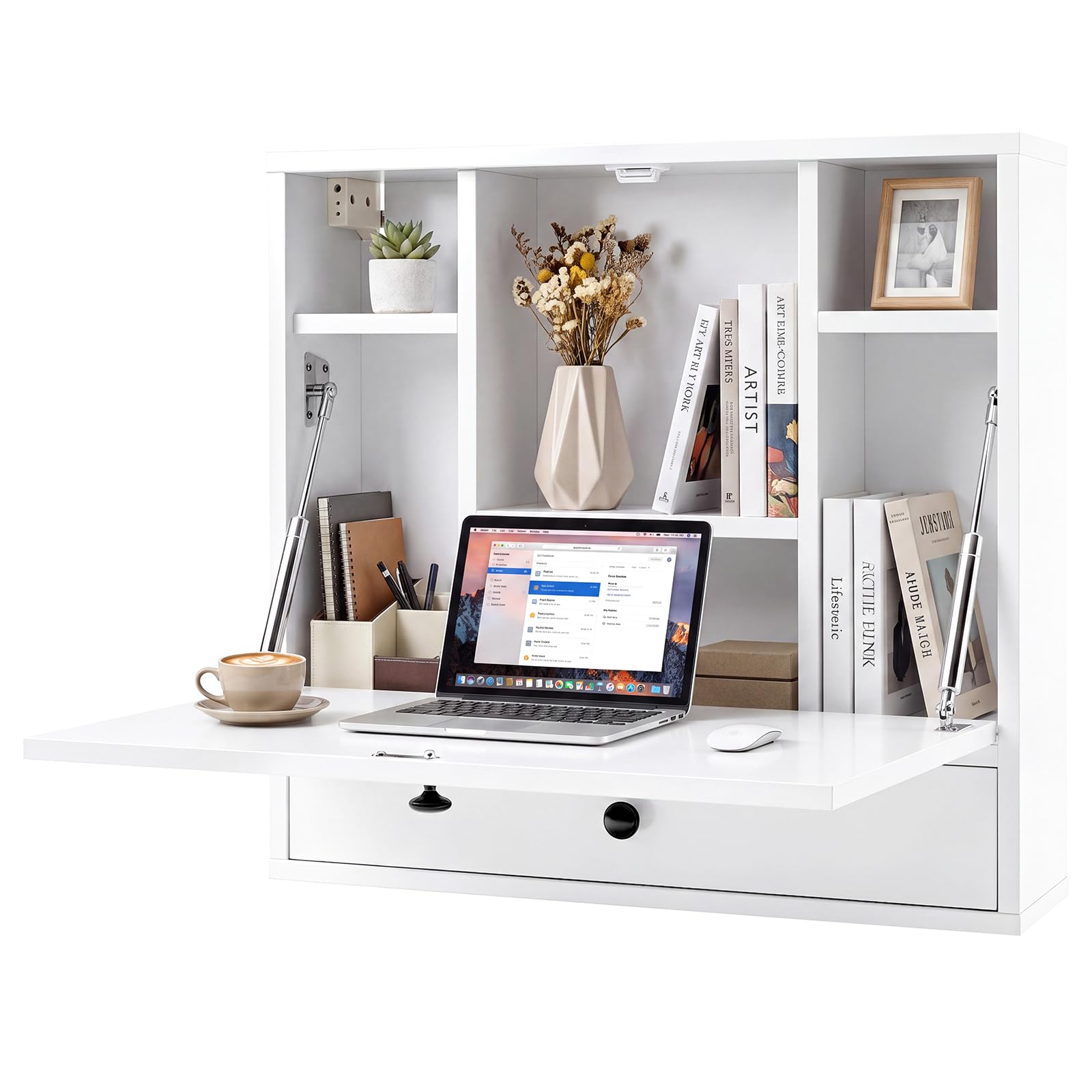COSTWAY Wall-Mounted Drop-Leaf Table, Space Saving Laptop Computer Desk Workstation, Folding Hanging Table Cabinet with Storage Drawer and Shelves, 60x15x57cm (White) — image 1