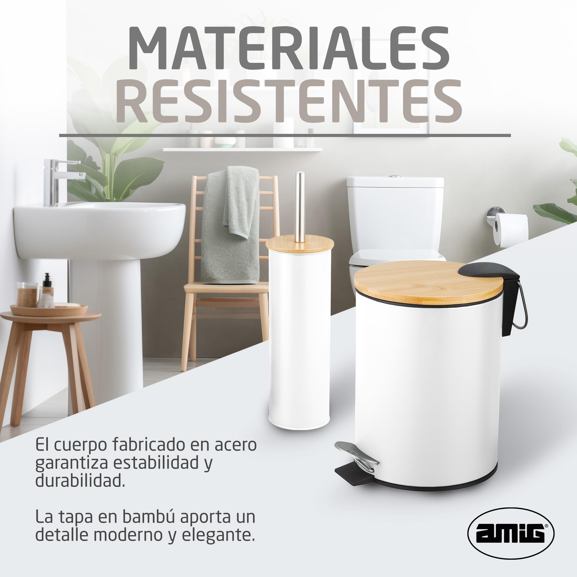 Amig - Pack de Papelera y Escobillero Naturline - Ø168 x 230 mm - Acero y Bambú - Color Blanco - Juego de Baño Compacto y Coordinado - Ideal para Espacios Modernos y Naturales