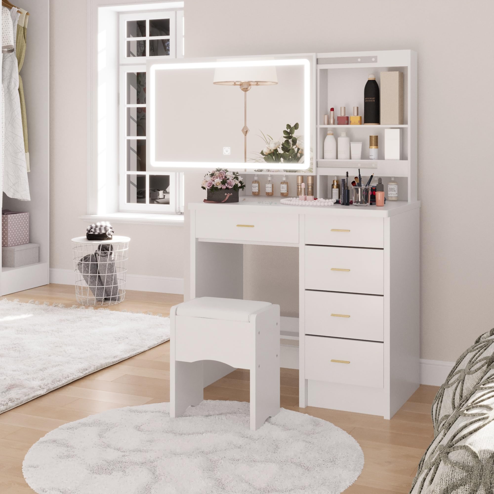 Vanity Desk with Mirror and Lights, 31.5" Makeup Vanity with Sliding Mirror and 3 Light Modes, Modern Vanity Table with 5 Drawers, Hidden and Open