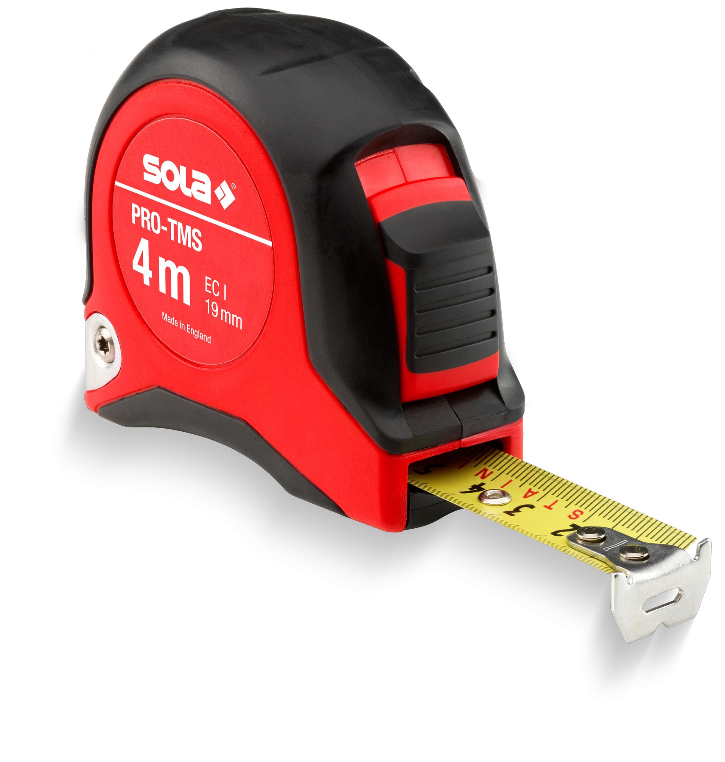 SOLA PRO-TMS - rostfreies Bandmaß 4m / 19mm - robustes Rollbandmaß aus Edelstahl, gelb lackiert mit mm Skala - Genauigkeitsklasse I - Rollmeter mit beweglichem Endhaken - Länge 4m/19mm