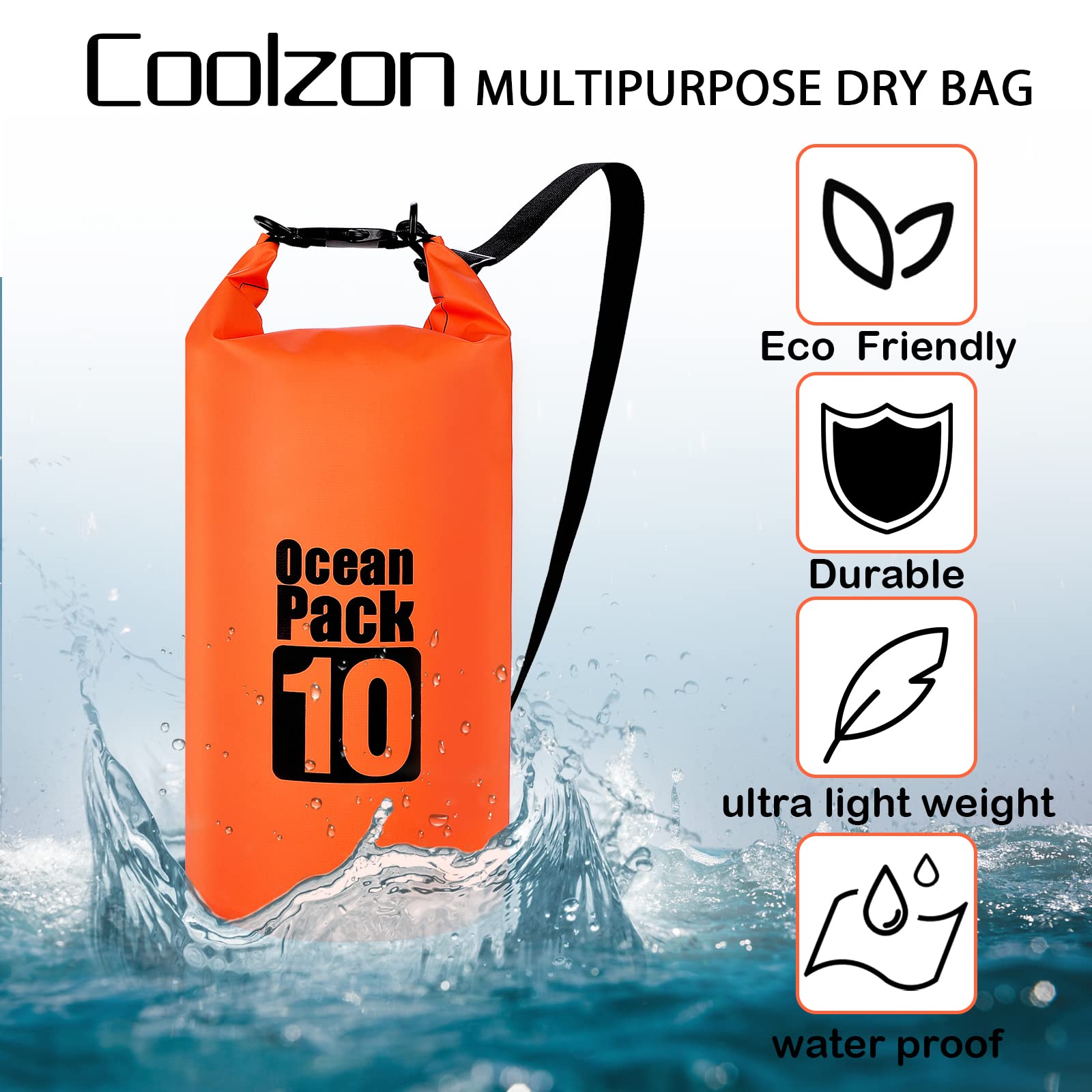 Coolzon Borsa Impermeabile-Sacca Impermeabile con Custodia Impermeabile per Cellulare, Sacca Stagna con Tracolla Regolabile per Kayak Rafting Canottaggio Campeggio Viaggiare Nuoto, 10L Arancione