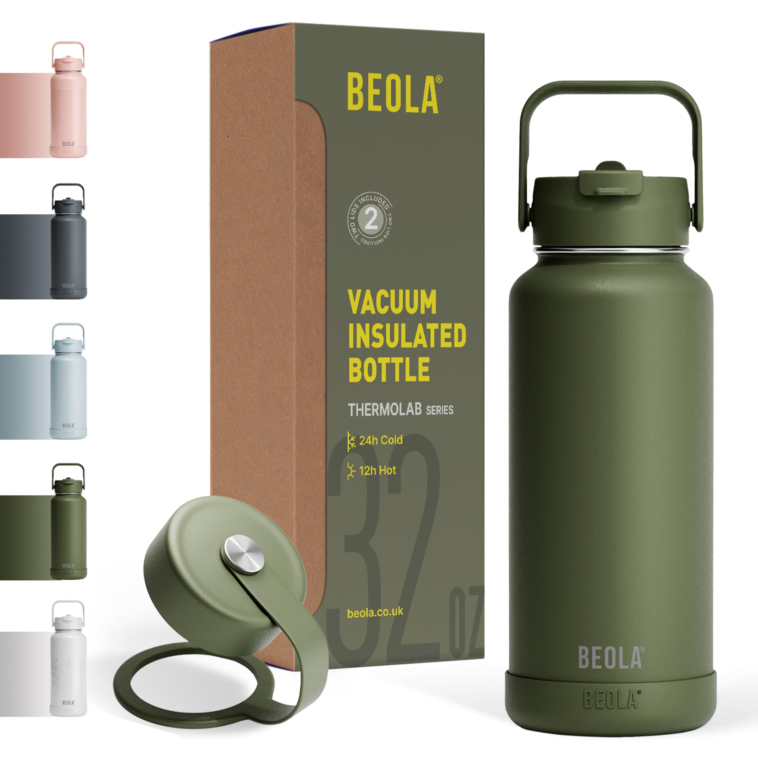 BEOLA 950ml Water Bottle 18/8 Stainless Steel 304 Double Wall Insulated Thermos Bottle with Straw Lid and wide mouth, 2 lids included, Hot Cold Liquids Sports Bottle, 32oz Forest Green