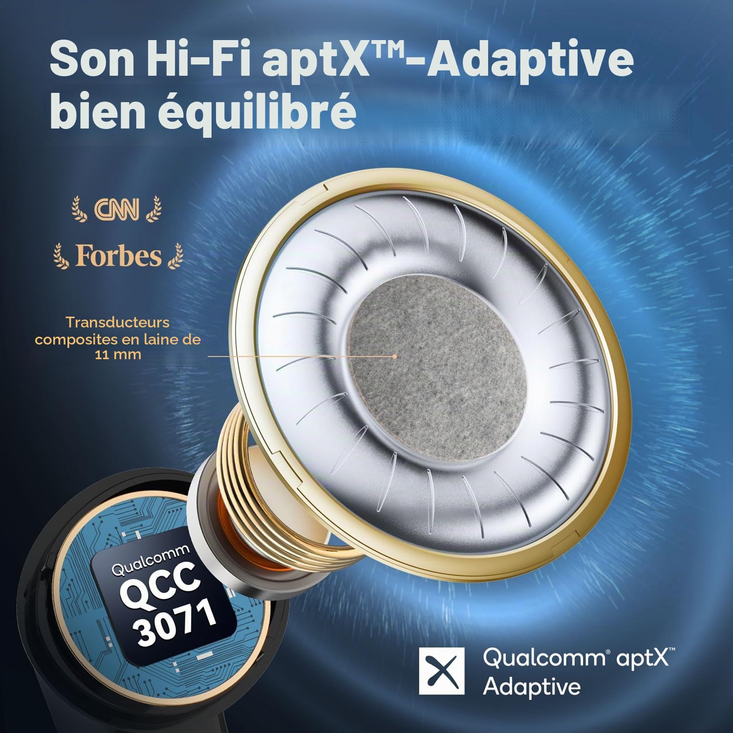 EarFun Air Pro 3 Écouteurs à Réduction de Bruit Hybride, Son Qualcomm® aptX™ Adaptive, 6 Micros CVC 8.0 ENC, Bluetooth 5.3, Connexion Multipoint, 45 h d’Autonomie, EQ Via Application, Charge sans Fil