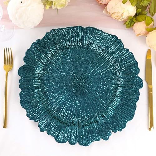 TABLECLOTHSFACTORY 6 Pack 13" Round Peacock Teal Plastic Reef Charger Plates Ruffled Rim Dinner Charger Plates For Weddings Events