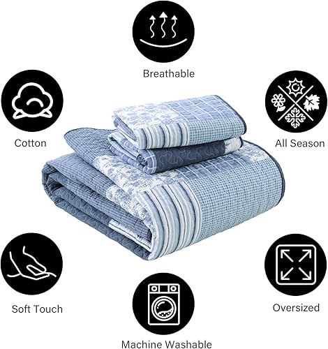 Miniatura 5 de PANGUSHAN Juego de ropa de cama de 100 % algodón, tamaño Queen, colcha acolchada de retazos florales, edredón ligero para todas las estaciones, 3