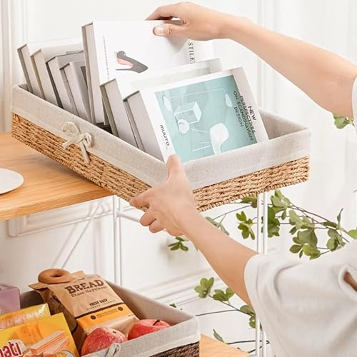 Miniatura 5 de Cestas de almacenamiento de mimbre tejidas a mano para estantes, cesta de ratán para almacenamiento de baño con forro decorativo rectangular para