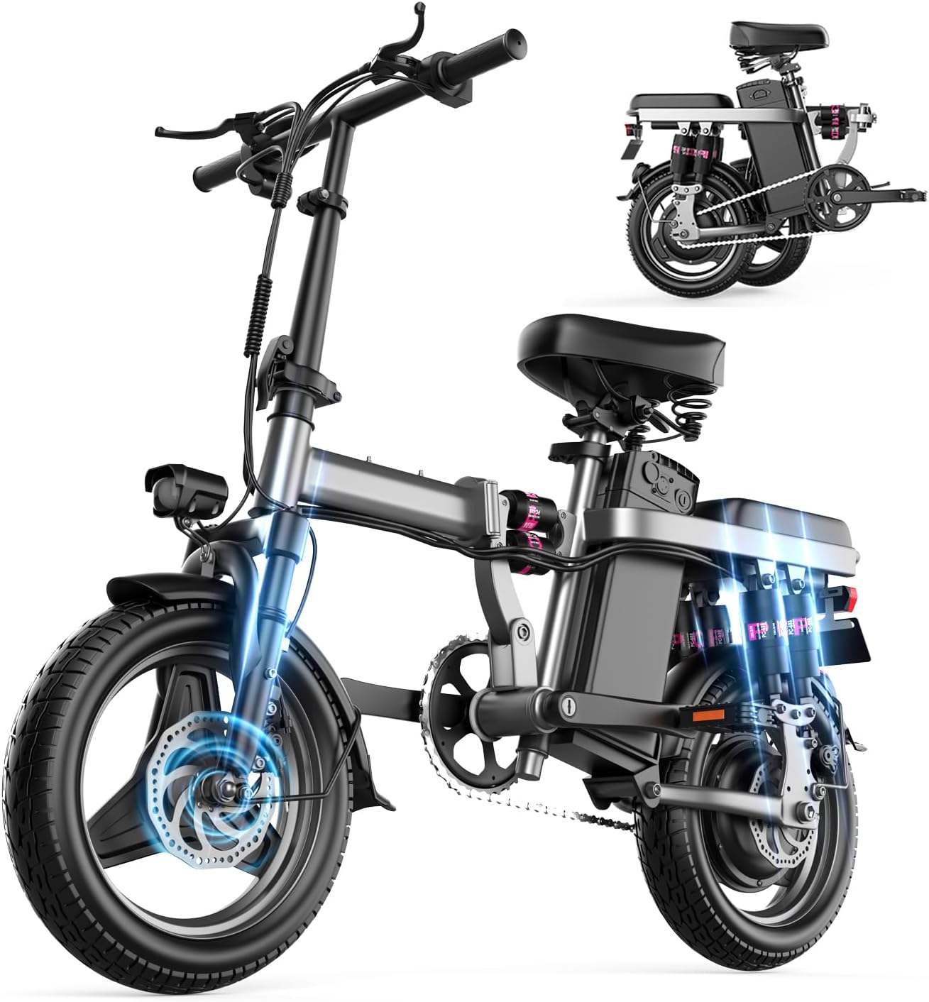 Electrical Bike for Adults,48V 15AH Detachable Battery,25MPH 35Miles Commuter Ebikes 500W Motor,Light-weight 14” Folding Electrical Bicycle with Adjustable Seat LCD Show (Grey, 49”*43”, Amp,15)