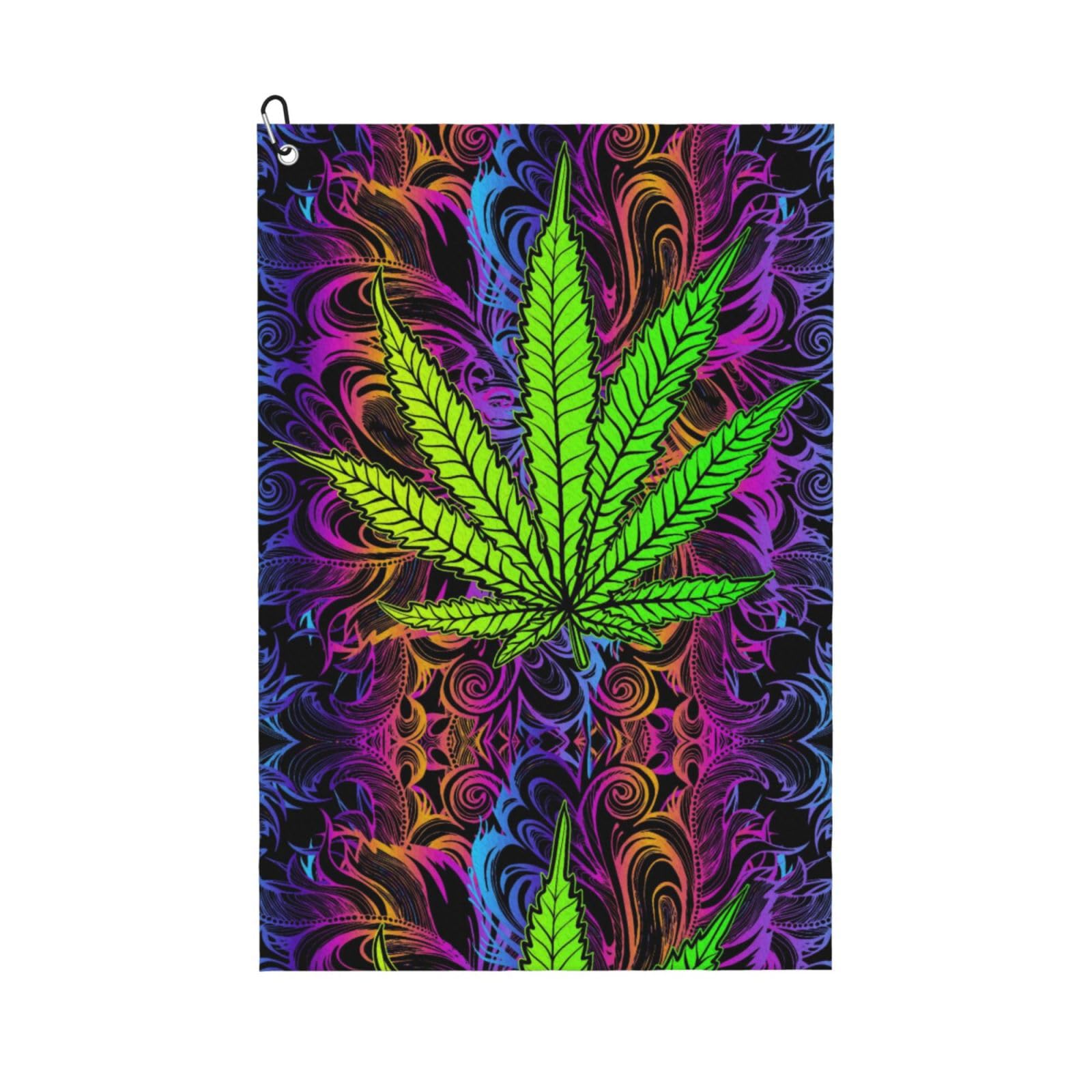 peiyeety Psychedelic Weed Leaf Microfiber Golf Towel with Carabiner Clip, 16x24 Inch Absorbent Waffle Weave Towel for Golf Bags