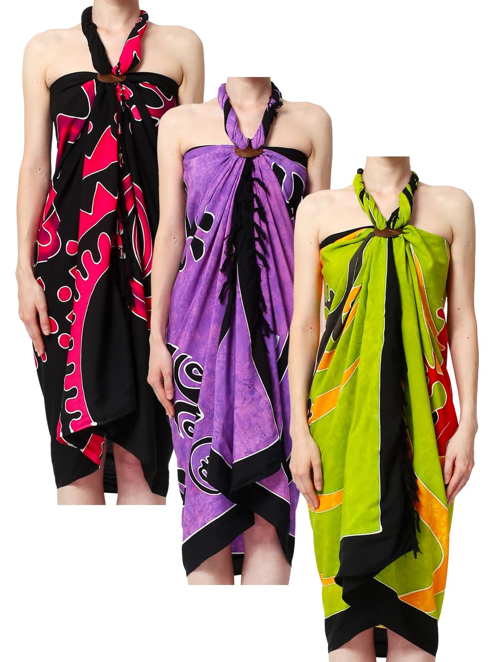 Großes Set Pareo Sarong Tuch Damen Wickelrock Strand Strandtuch Blickdicht Wickeltuch Umkleidehandtuch Wickelkleid Handarbeit aus Fair Trade Handbemalt Unisex + Gratis Schnalle und Haarband