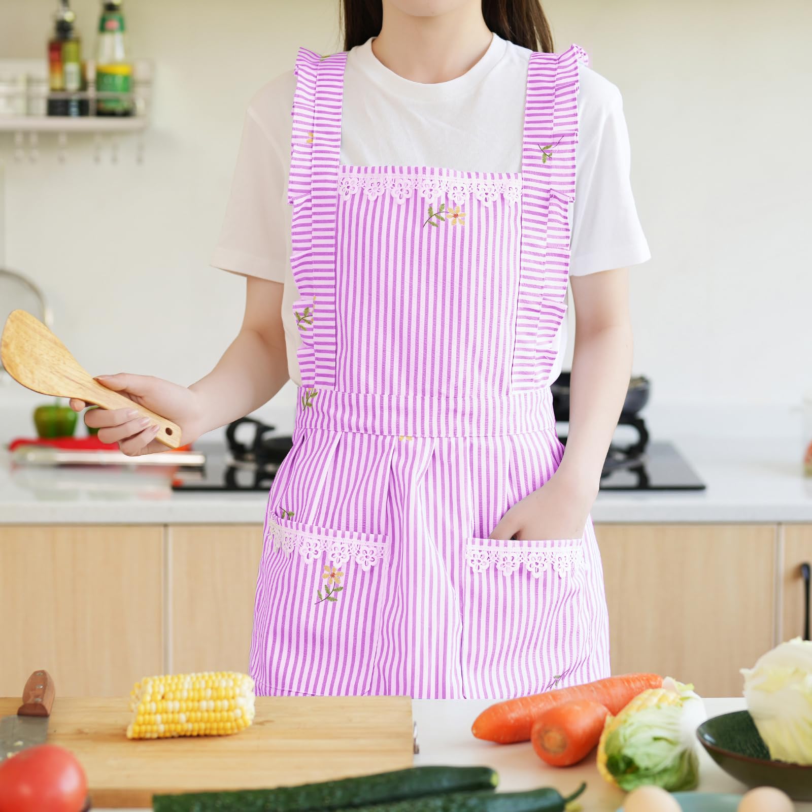 Delantales divertidos para mujer con bolsillos, para cocina, parrilla, barbacoa, lindo delantal de chef, día de la madre, regalos de cumpleaños para mujeres, Rosa/Rayas, M