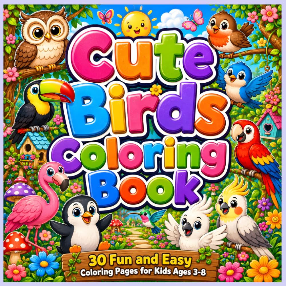 Cute Birds Coloring Book: Fun and Easy Coloring Pages for Toddlers and Kids Ages 3–7 Featuring Owl, Robin, Bluebird, Sparrow, Parrot, Toucan, Flamingo, Penguin, Hummingbird, Peacock and More
