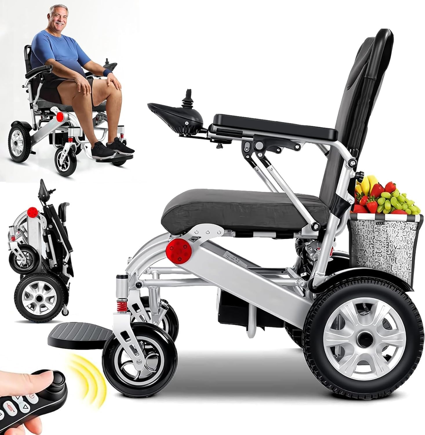 Silla De Ruedas Eléctrica Plegable con Cesta La Compra,Sillas Ruedas Eléctricas para Personas Mayores,Capacidad Carga 150 Kg,Alcance 40 Km,Silla Ruedas Eléctrica Plegable Ligera