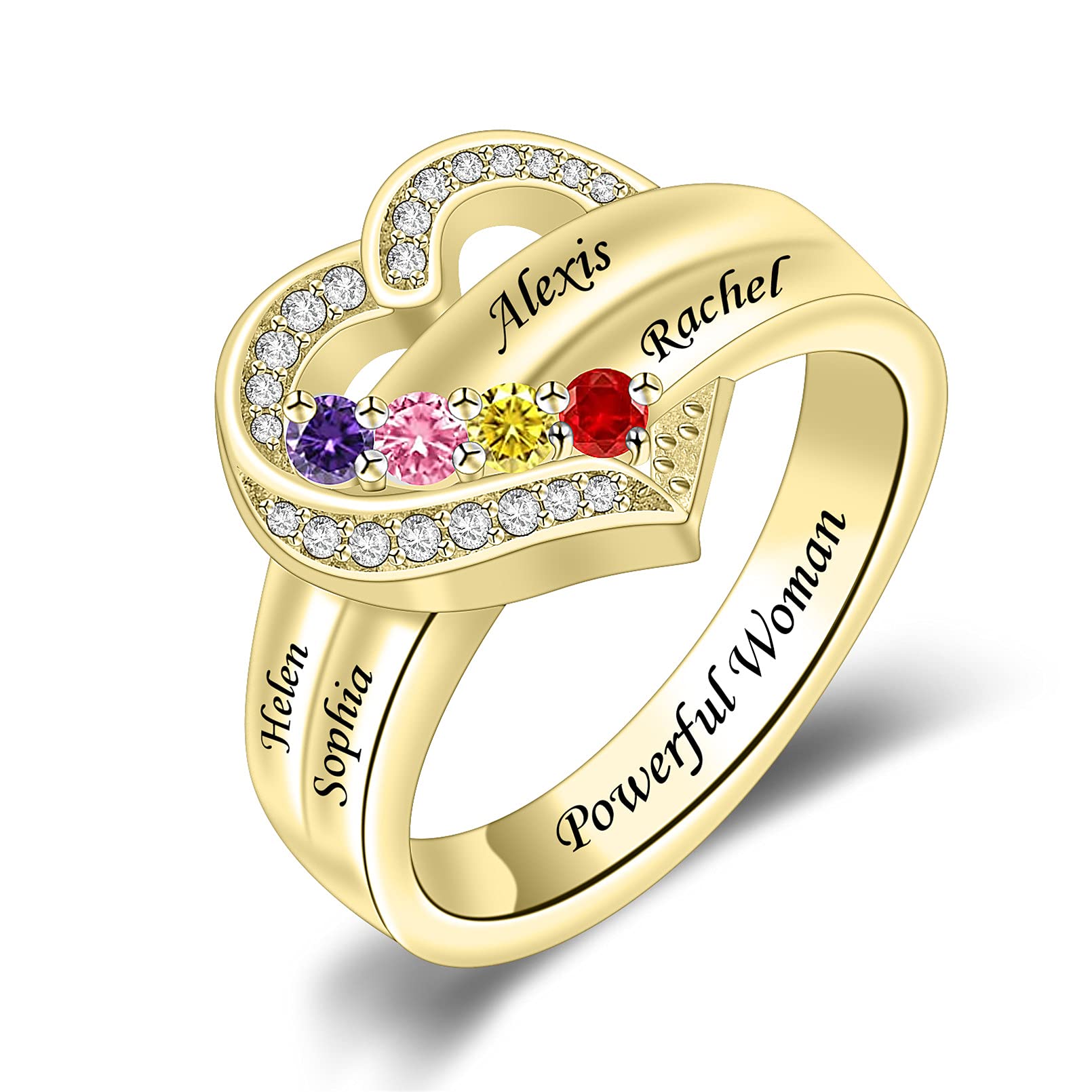 MissNaNa Personalized Mothers Rings with Simulated Birthstones Engraved 1-8 Family Names Mother's Day Rings Custom Love Heart Family Rings for Women