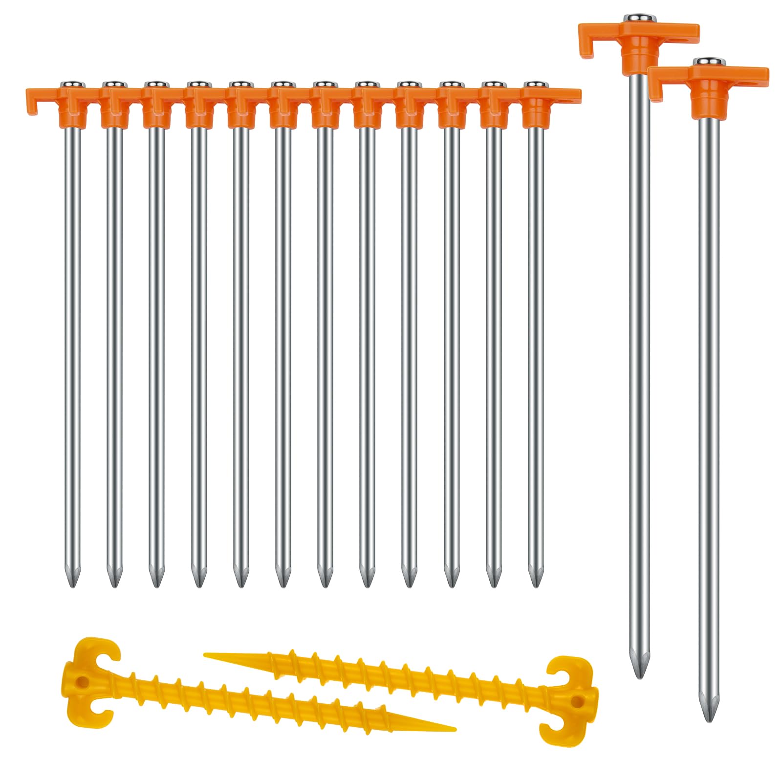 Tent Stakes Heavy Duty Camping Stakes,AVOFOREST 7.1/9.8inch Non-Rust Metal Tent Pegs Ground Stakes Tent Spikes Camping,Garden,Hiking Green/Orange/Black (Orange 12+2pcs, 10IN)