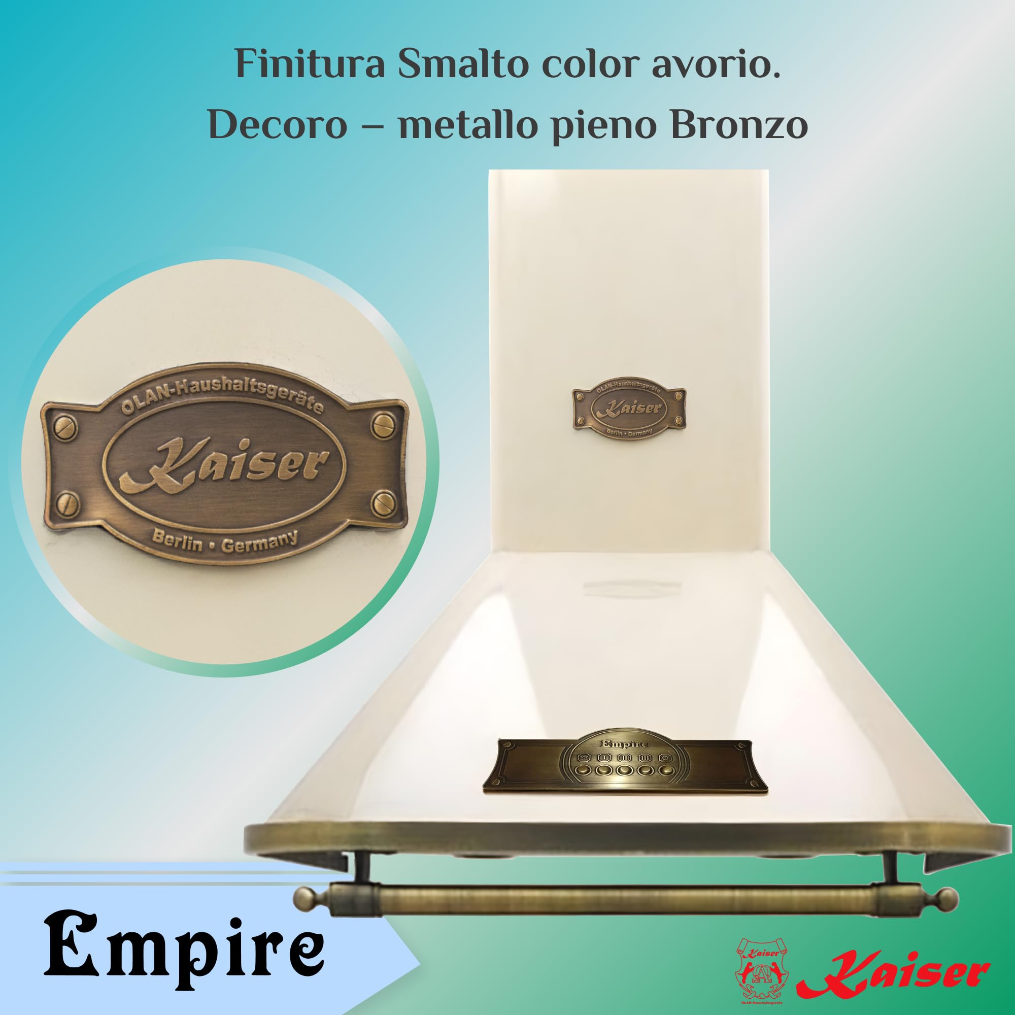 Kaiser Empire 9315 ElfEM Cappa Aspirante 90 cm Avorio Bronzo • Cappa a Parete in Stile Retrò • Motore 910 m³/h • Aspirazione e Ricircolo • Filtro Antigrasso in Metallo • incl. Filtro Carbone Attivo