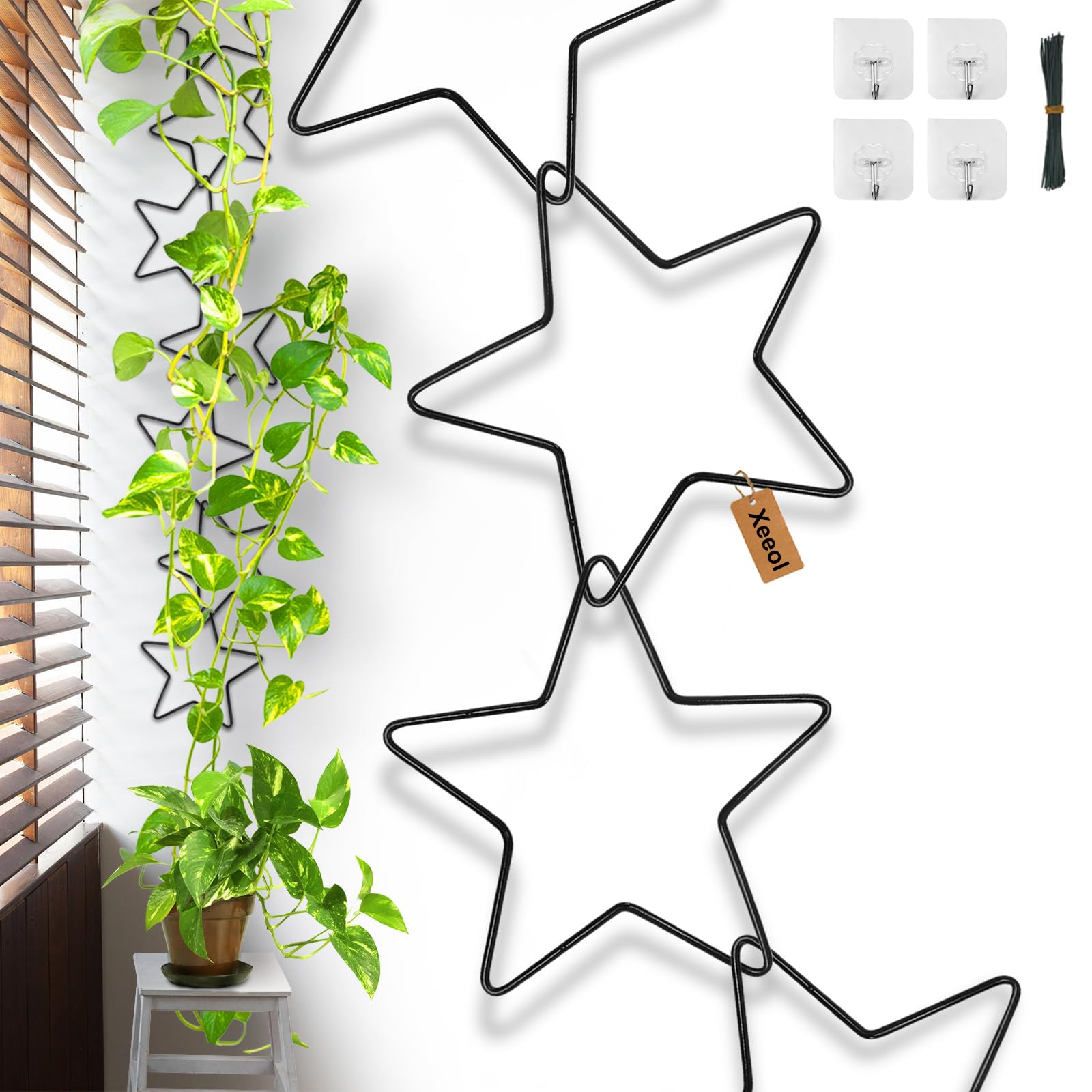 15 Pcs Chain Trellis for Climbing Plants, 7.5(ft) L Wall Plant Trellis Indoor, Pothos Plant Climber Support for Ivy Hoya Flower, Star