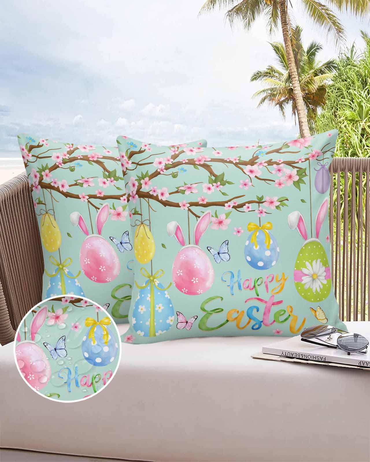 Boanket Outdoor Pillow Covers 20 x 20 In, Happy Easter Waterproof Throw Pillow Cover Set of 2, Easter Eggs Colorful Spring Floral Teal Home Decorative Square Cushion Covers for Patio/Tent/Couch/Garden