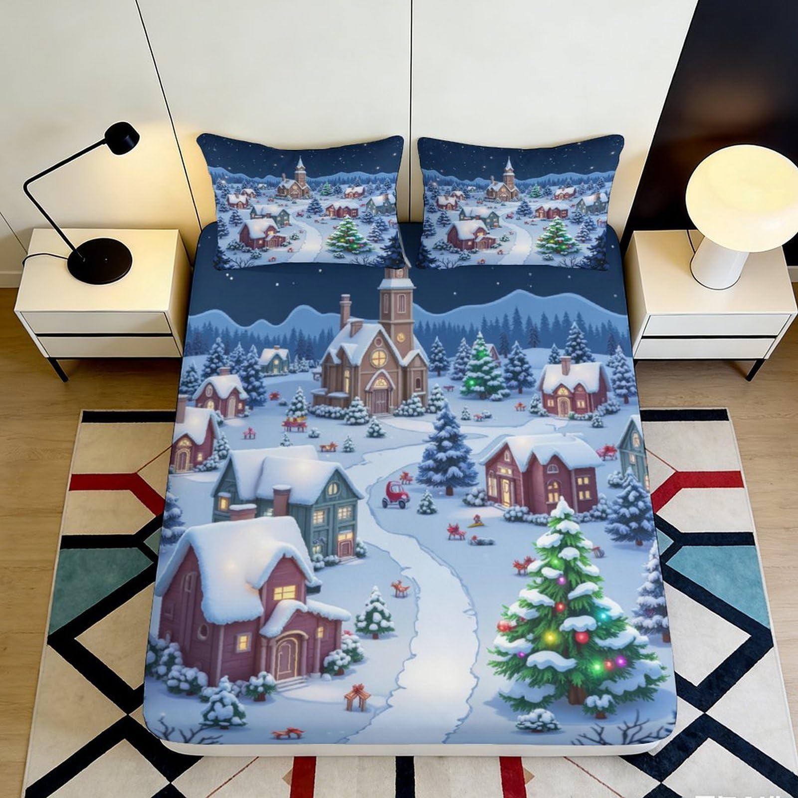 3D Printed Christmas Village Fitted Sheet Microfiber Winter Snow Scene Bed Cover for Bedroom Guest Room Decor 90x200x25cm