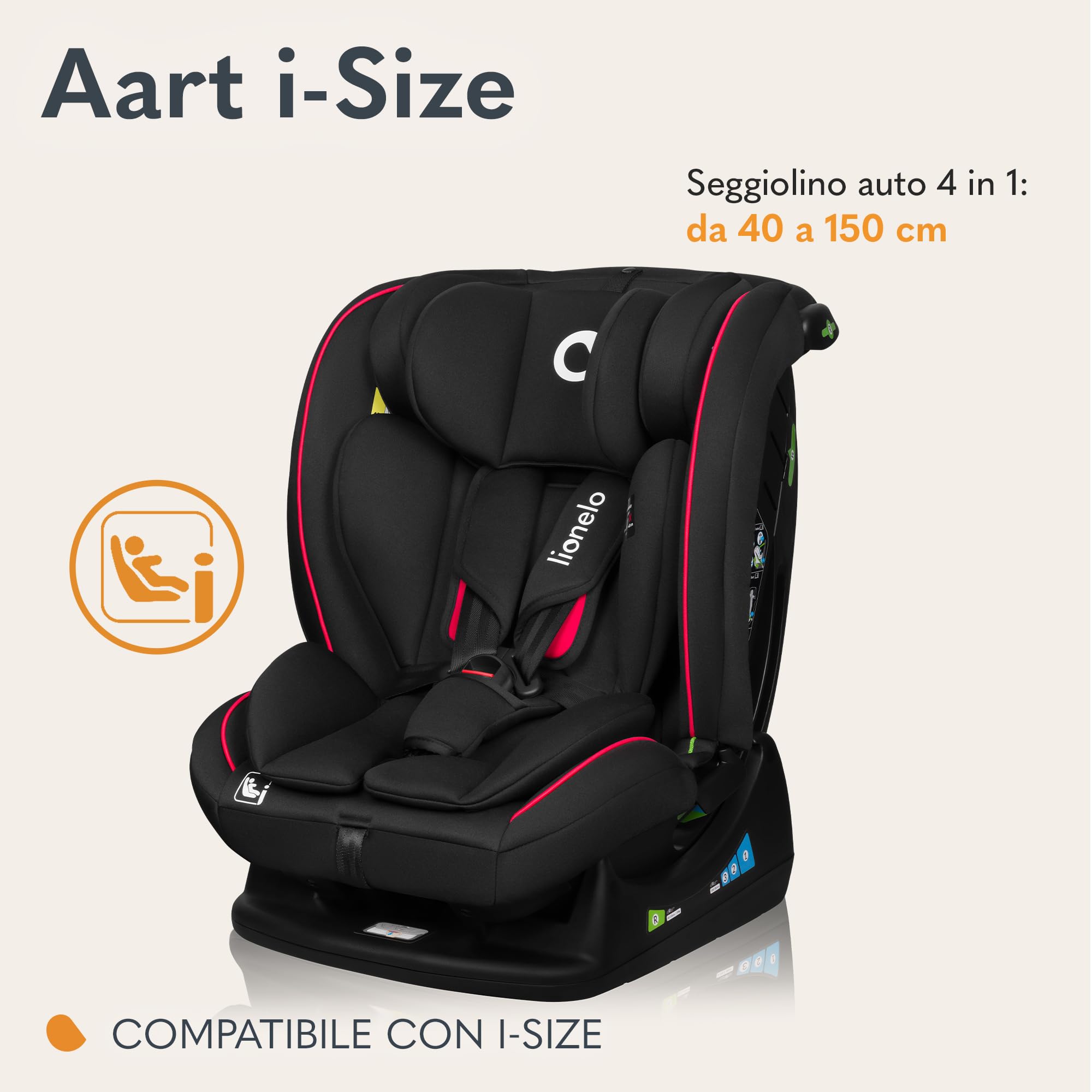 LIONELO AART I-SIZE Seggiolino Auto per Bambini 40-150 cm, Montaggio con Cinture di Sicurezza, Poggiatesta e Schienale Regolabili, Inserto Riduttore e Linguinale, Norma R129 i-Size
