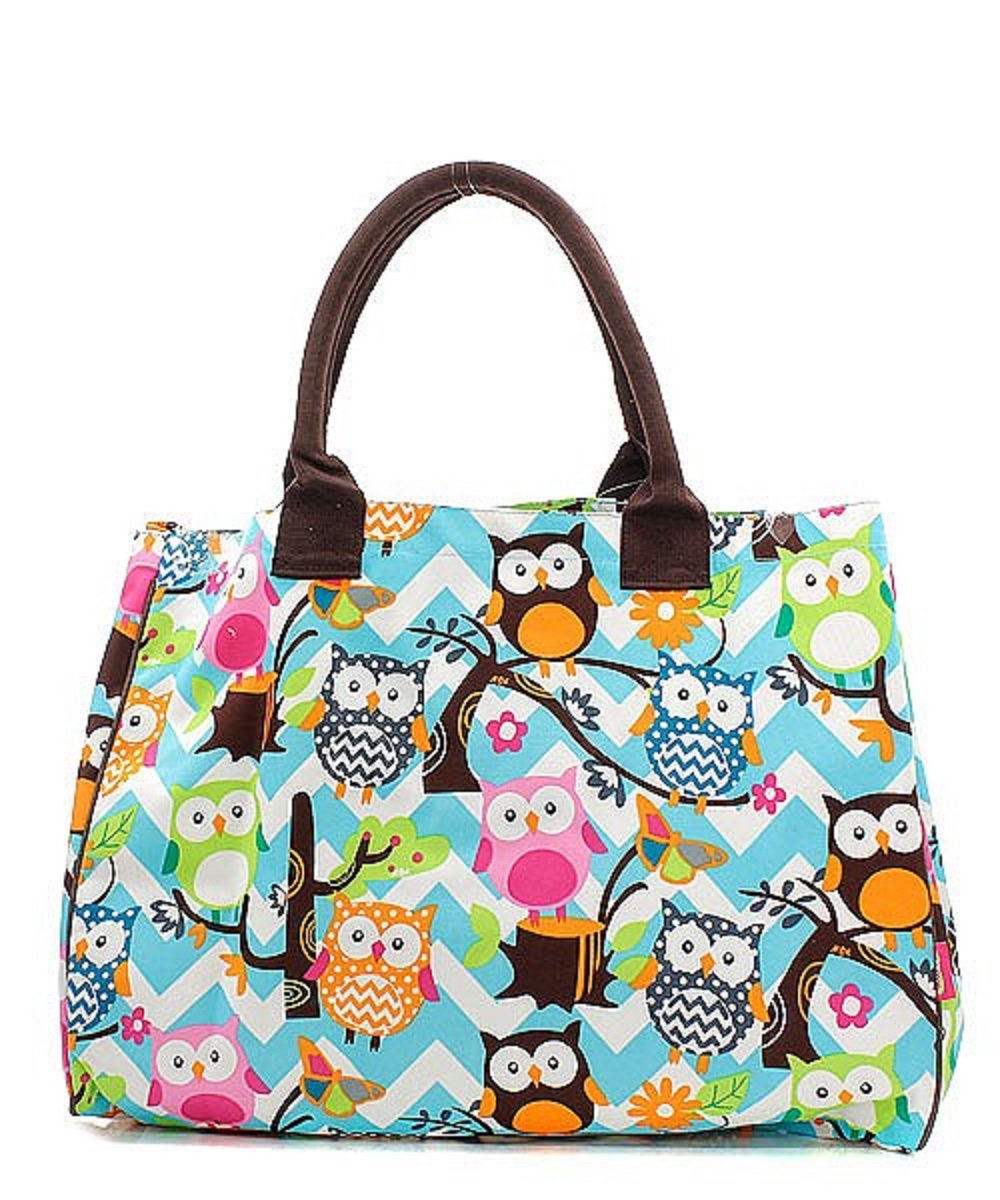 Owl Chevron Stripe Canvas Large 19" Tote Bag