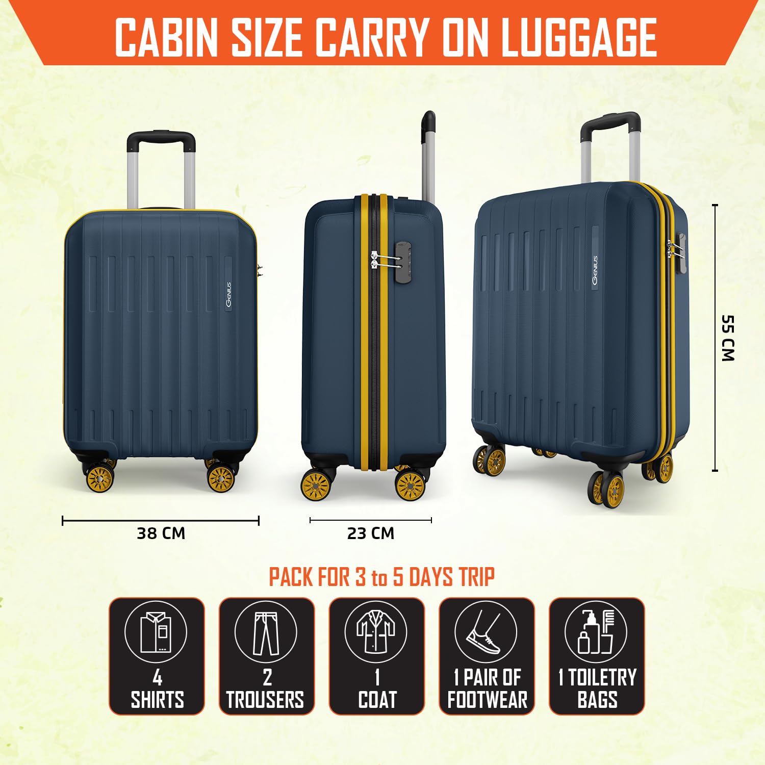Safari Cabin Genius Alley 55cm Trolley Bag Hard Case Polypropylene, 4 Spinner Wheels, 360 Degree Wheeling Carry on Luggage, Travel Bag, Suitcase for Travel, Trolley Bags for Travel, Navy — Amazon image 8